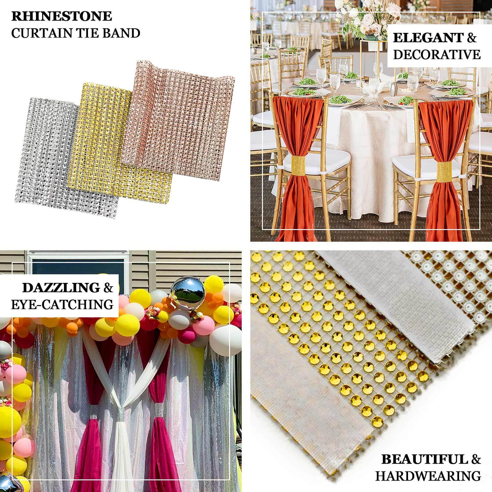 4 Pack Rose Gold Large Rhinestone Mesh Velcro Chair Sash Clips, Backdrop Curtain Bands 5"X10" - Image 4