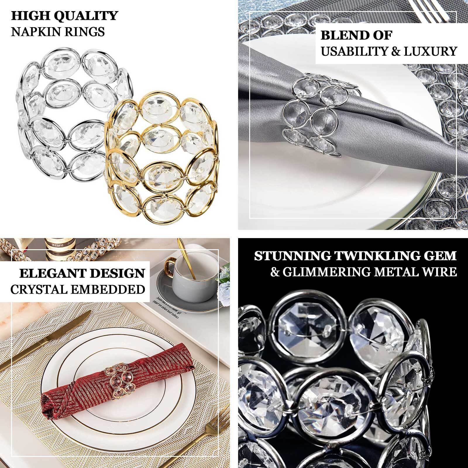 4 Pack Shiny Gold Acrylic Crystal Gem Beaded Napkin Rings - Image 3