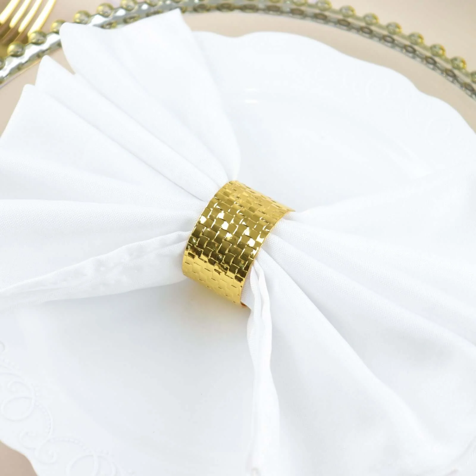 4 Pack Shiny Gold Basket Weave Napkin Rings, Metallic Napkin Holders - Image 11