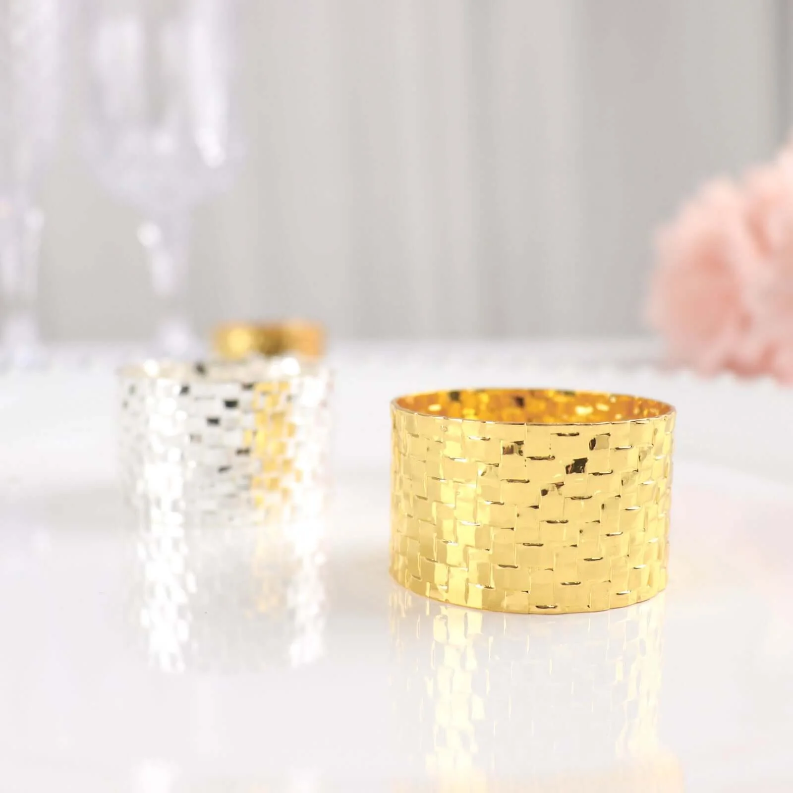 4 Pack Shiny Gold Basket Weave Napkin Rings, Metallic Napkin Holders - Image 13