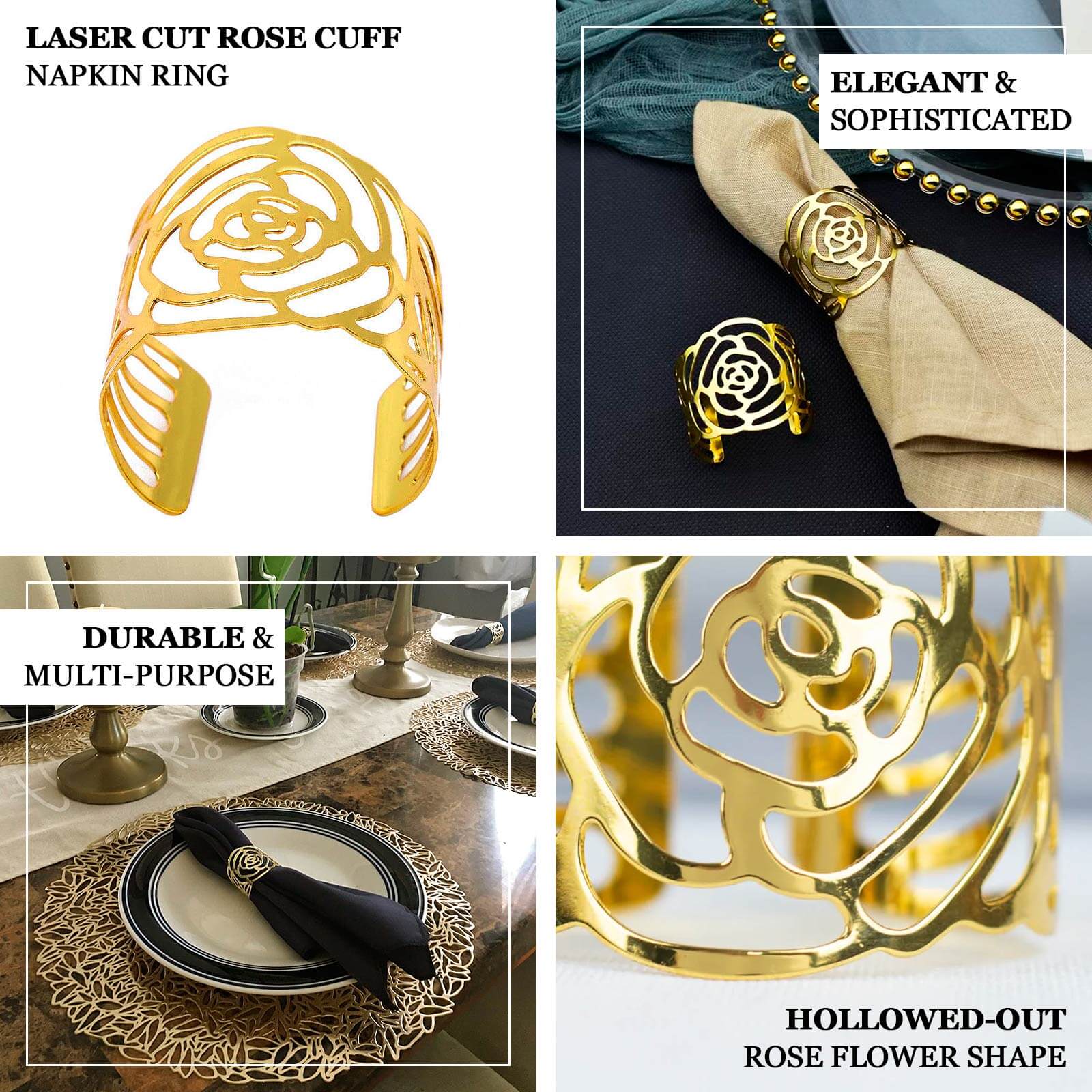 4 Pack Shiny Gold Laser Cut Rose Metal Cuff Napkin Rings, Decorative Flower Napkin Holders - Image 4