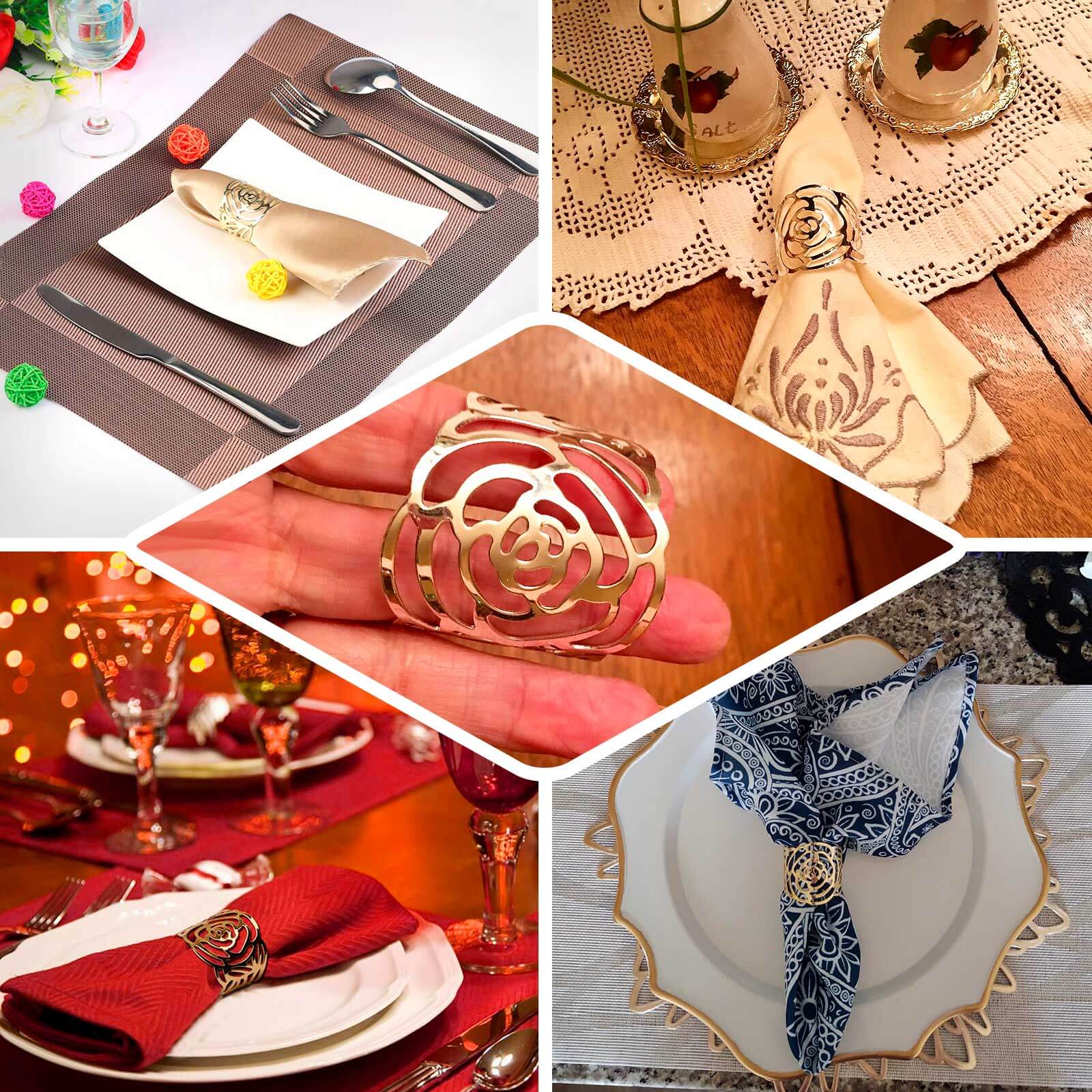 4 Pack Shiny Gold Laser Cut Rose Metal Cuff Napkin Rings, Decorative Flower Napkin Holders - Image 5