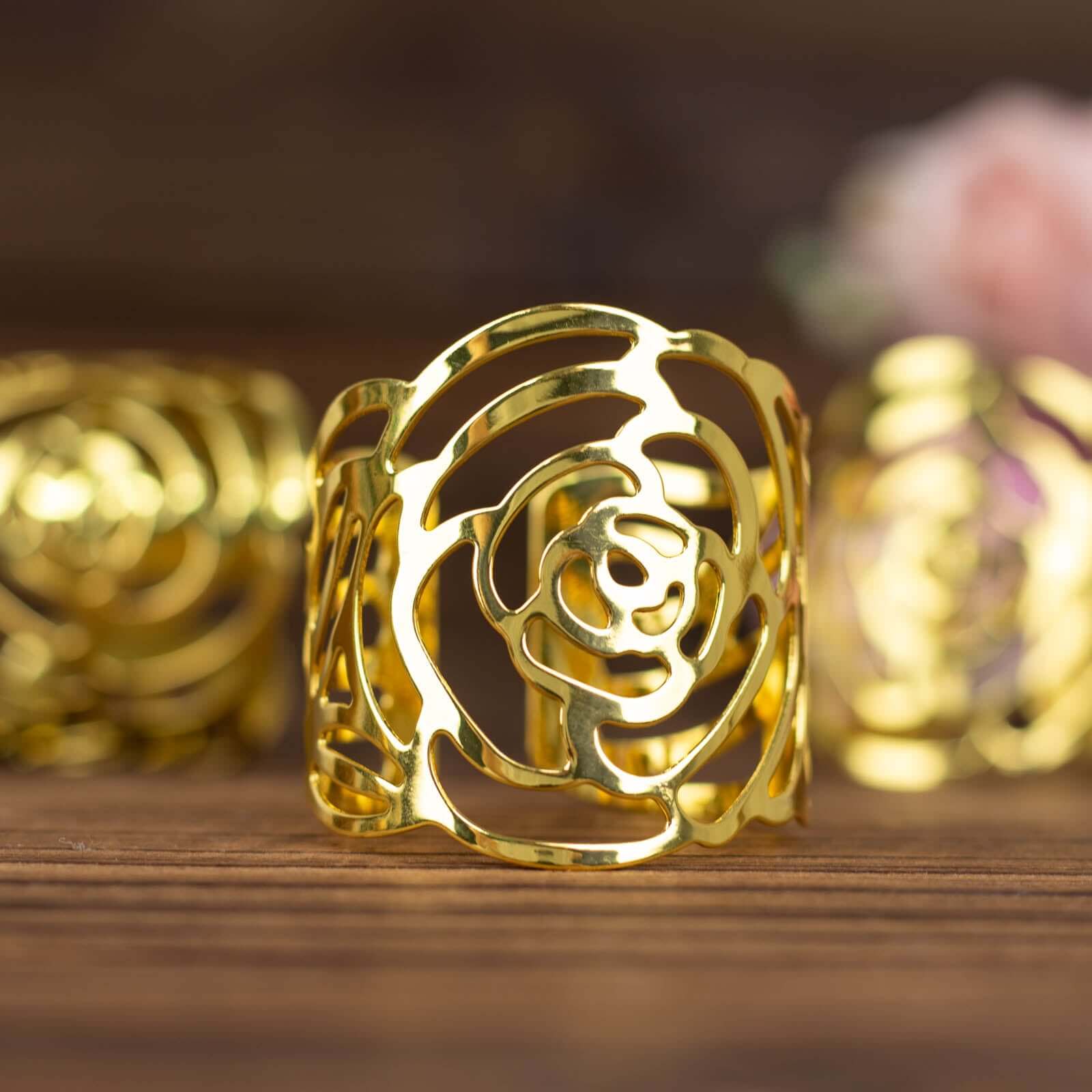4 Pack Shiny Gold Laser Cut Rose Metal Cuff Napkin Rings, Decorative Flower Napkin Holders - Image 7