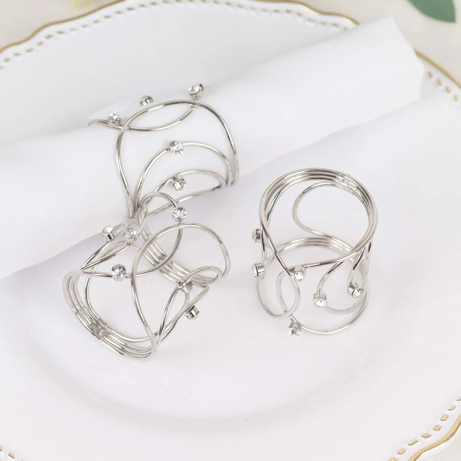 4 Pack Silver Metal Rhinestone Napkin Rings With Hollow Woven Style, Elegant Napkin Holders - Image 5