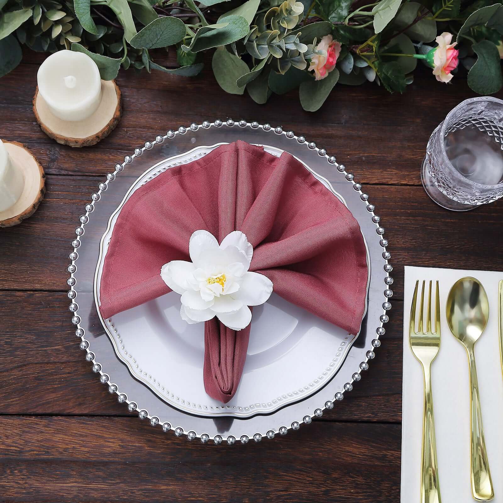 4 Pack White Artificial Flower Napkin Rings with Wooden Holder, Rustic Boho Serviette Buckles with Silk Jasmine Flowers - Image 2