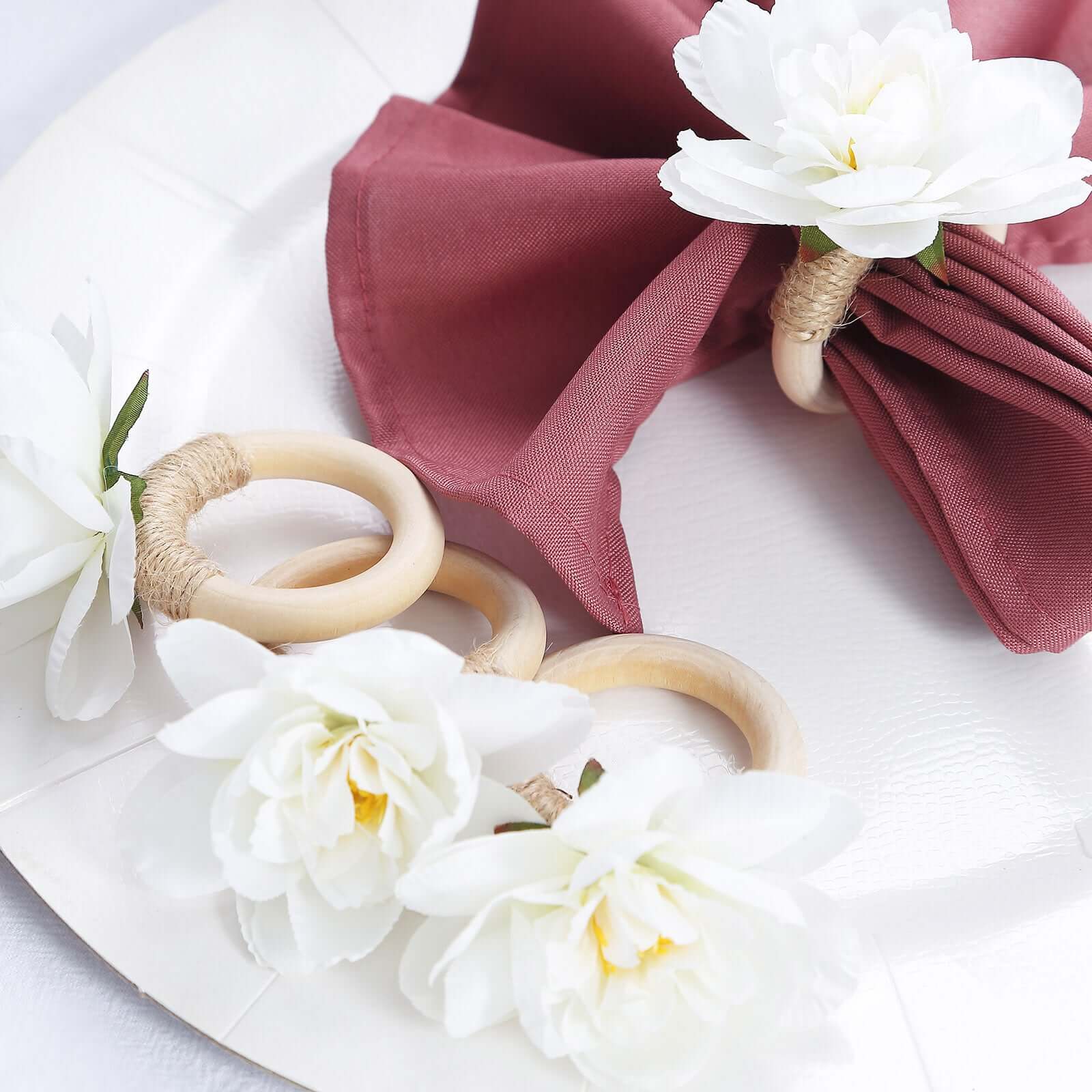 4 Pack White Artificial Flower Napkin Rings with Wooden Holder, Rustic Boho Serviette Buckles with Silk Jasmine Flowers - Image 4