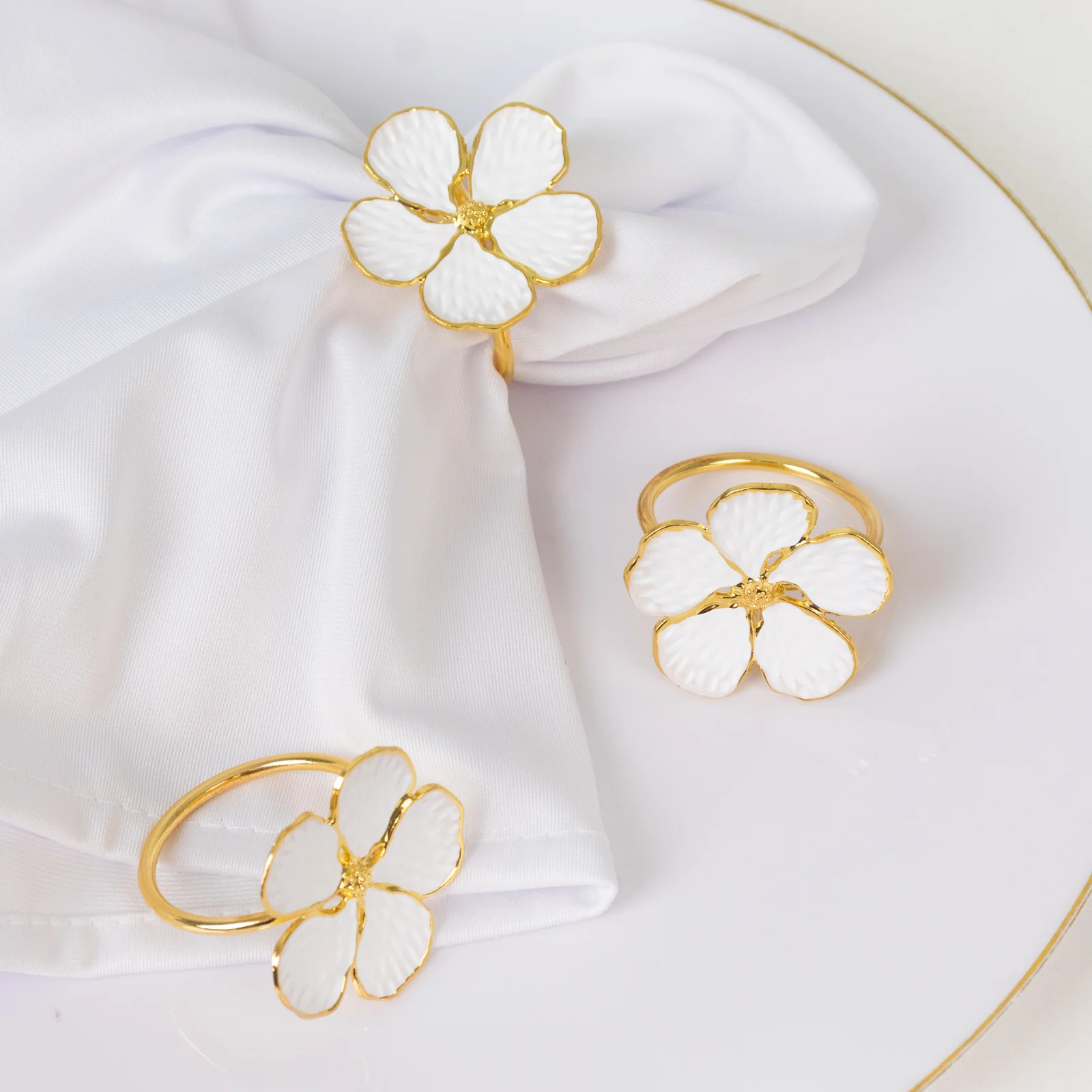 4 Pack White and Gold Metal Flower Napkin Rings, Floral Serviette Buckle Napkin Holder Set - Plum Blossom Design - Image 6