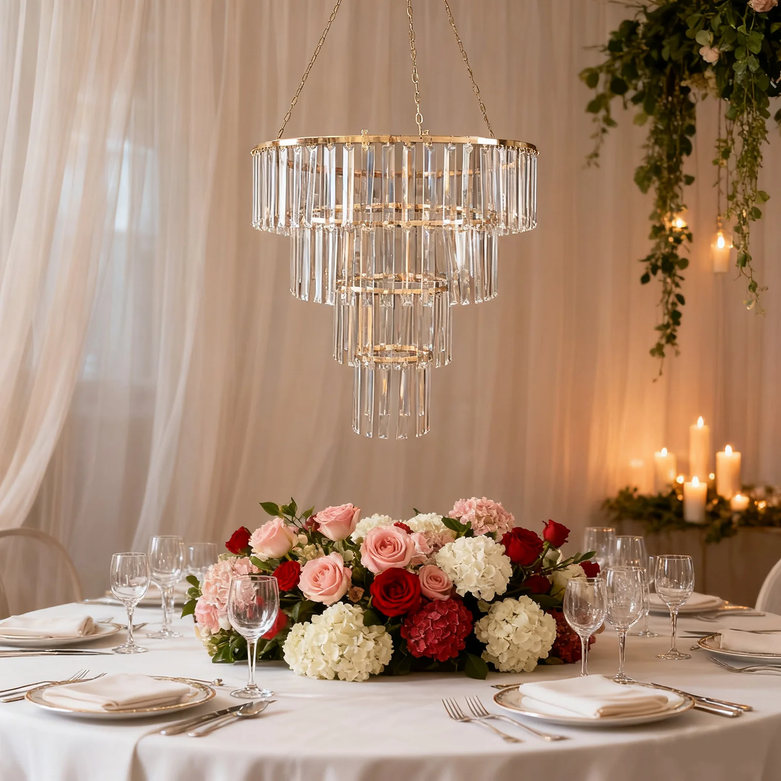 4-Tier Crystal Pendant Chandelier with Gold Metal Frame, Round Hanging Light Fixture with Chain and Hook