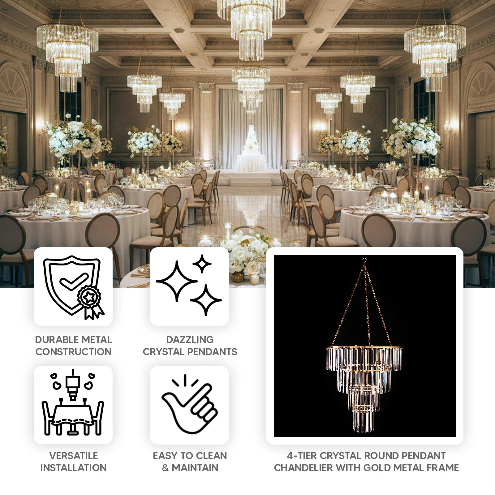4-Tier Crystal Pendant Chandelier with Gold Metal Frame, Round Hanging Light Fixture with Chain and Hook - Image 4