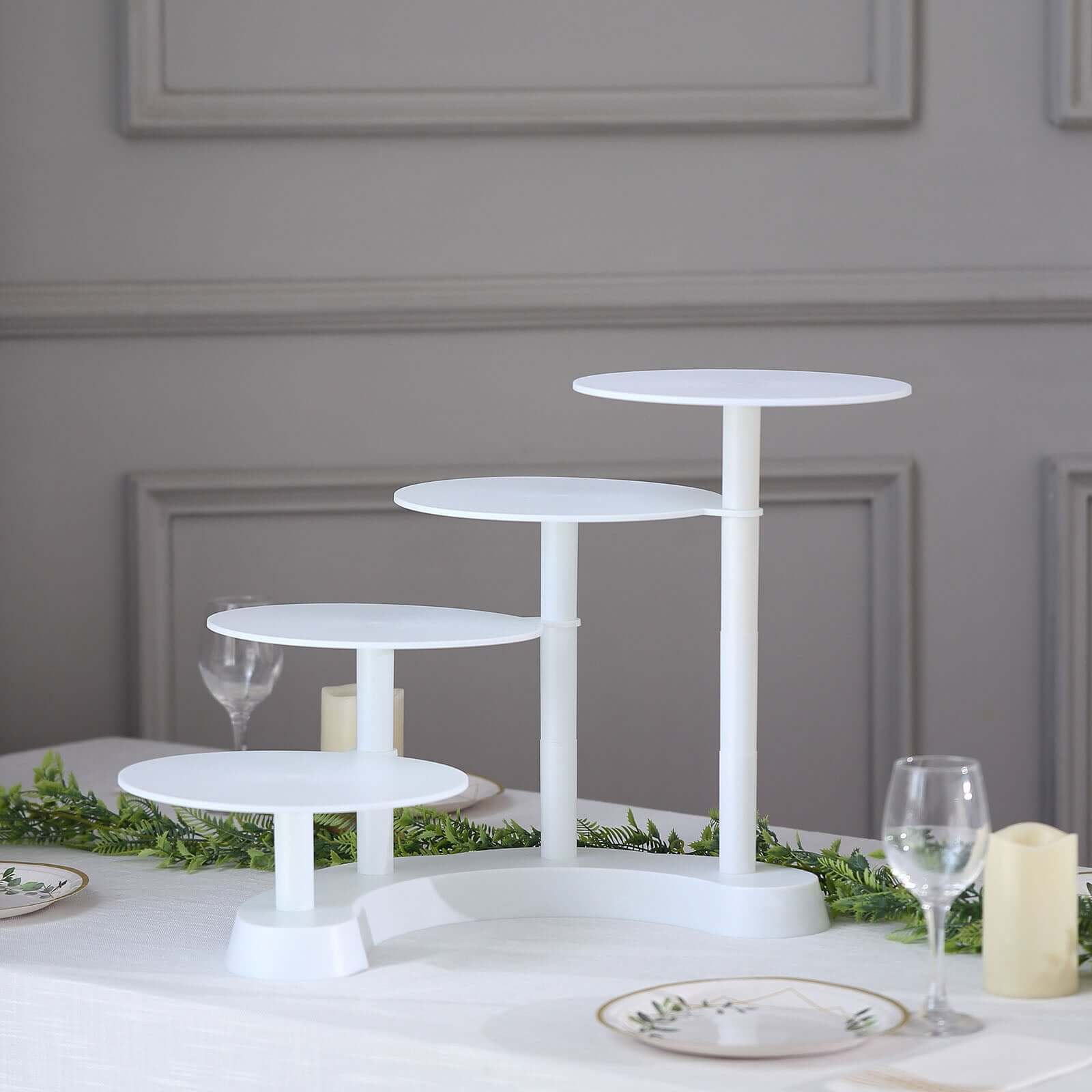 4-Tier Plastic Cake Stand with Half Moon Base 17" White - Sleek Multi-layer Cupcake Holder Display Tower for Stylish Pastry & Dessert Tables - Image 2