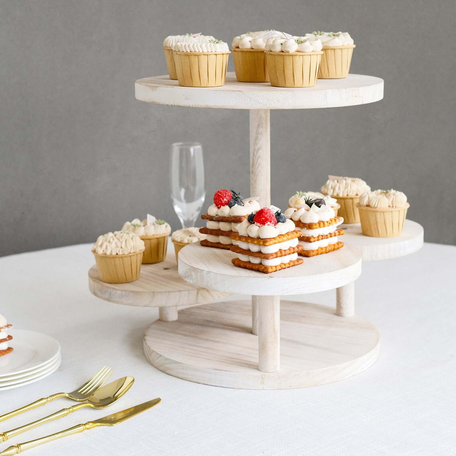 4-Tier Wooden Cake Stand 14" Tall Whitewash with Round Tiered Trays - Rustic Cupcake Tower Dessert Display - Image 2