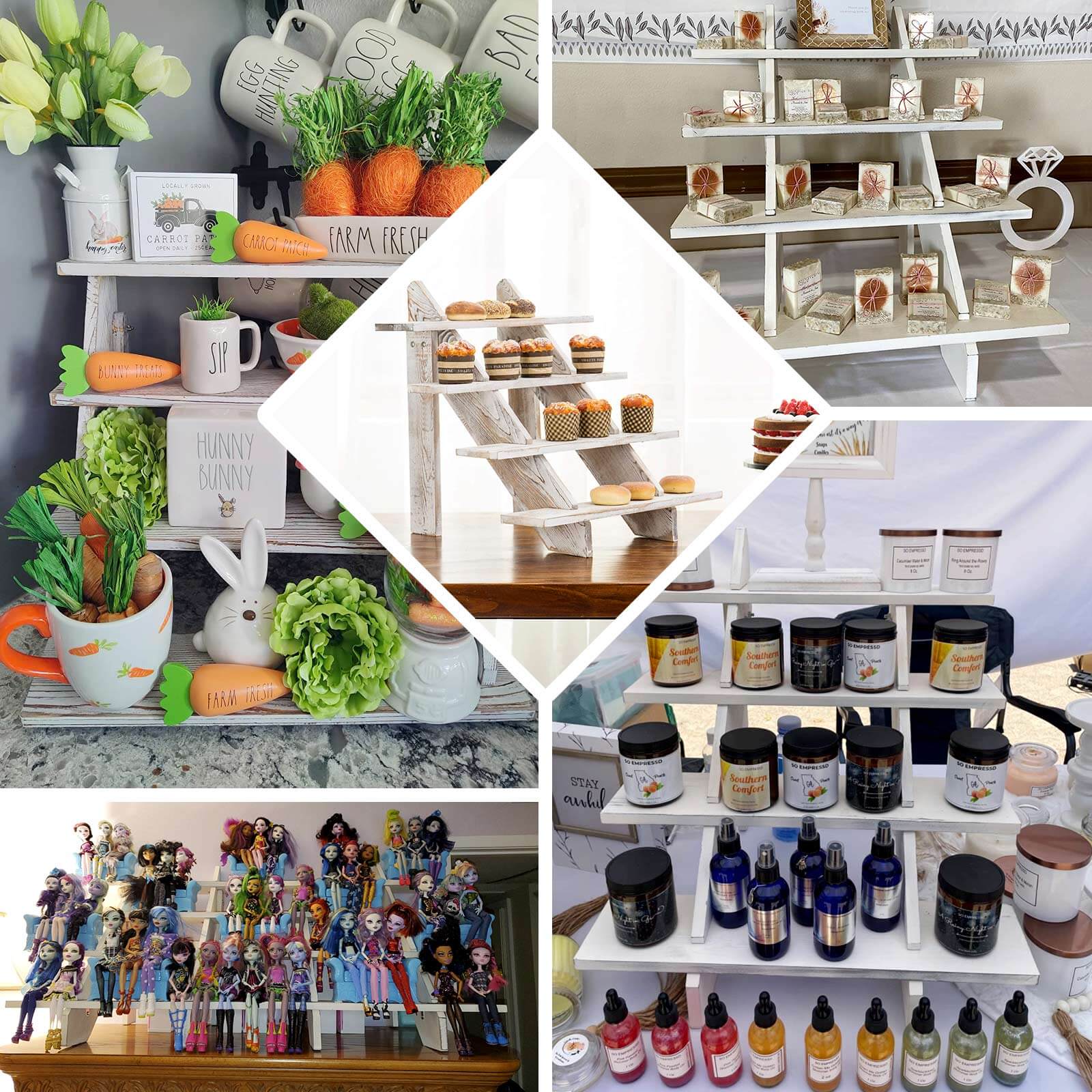 4-Tier Wooden Ladder Shelf 21" Whitewashed Rustic Design - Cascading Stair Step Dessert Display Cupcake Holder - Image 5