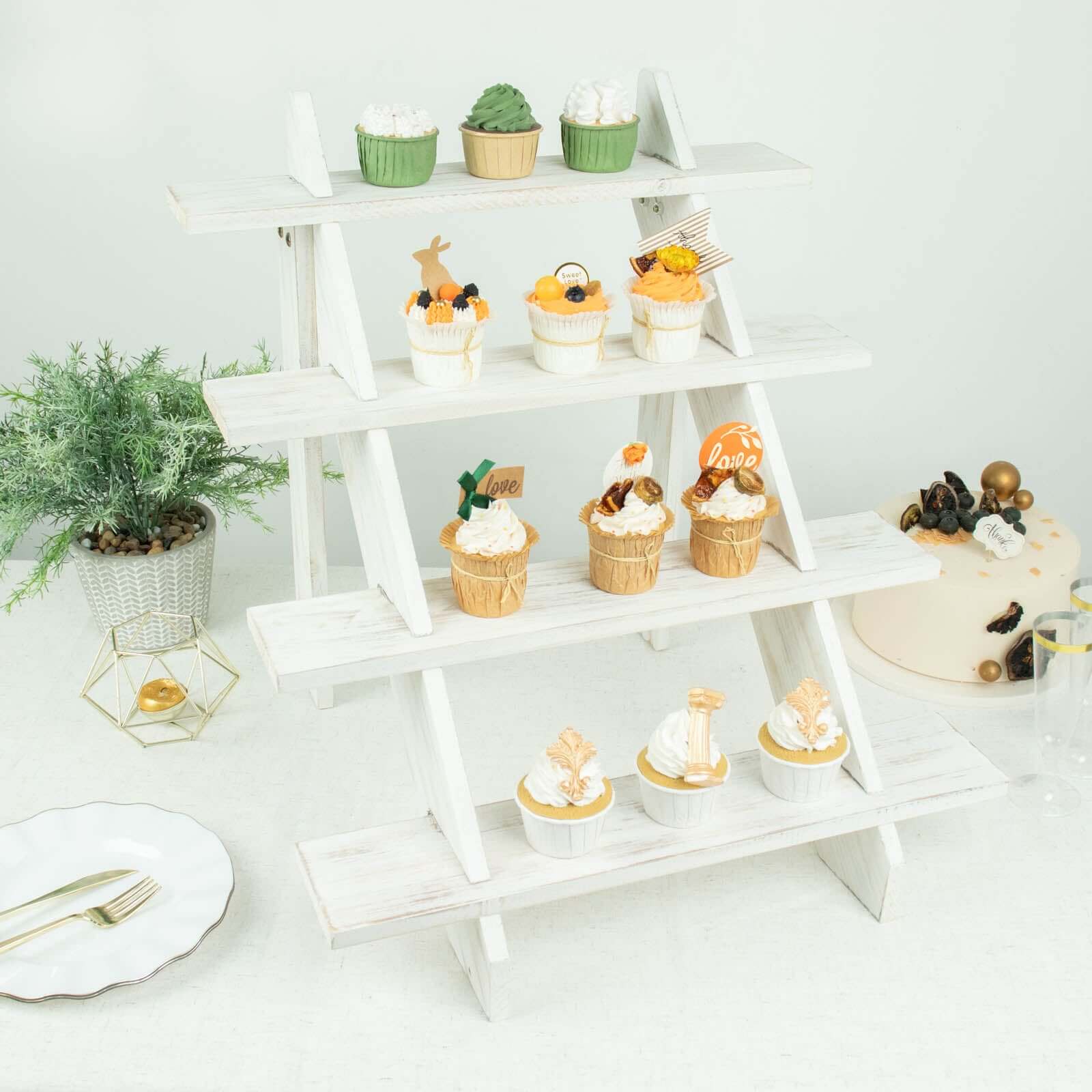 4-Tier Wooden Ladder Shelf 21" Whitewashed Rustic Design - Cascading Stair Step Dessert Display Cupcake Holder - Image 6