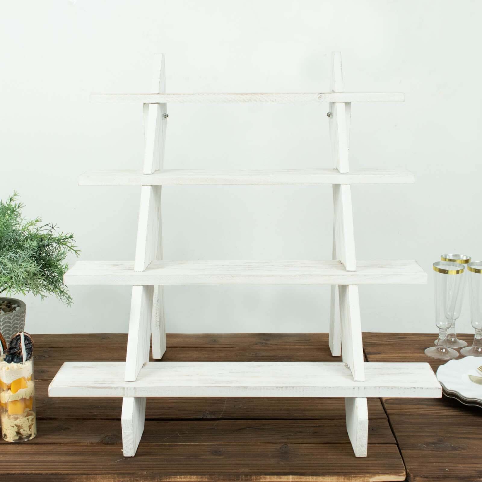 4-Tier Wooden Ladder Shelf 21" Whitewashed Rustic Design - Cascading Stair Step Dessert Display Cupcake Holder - Image 8