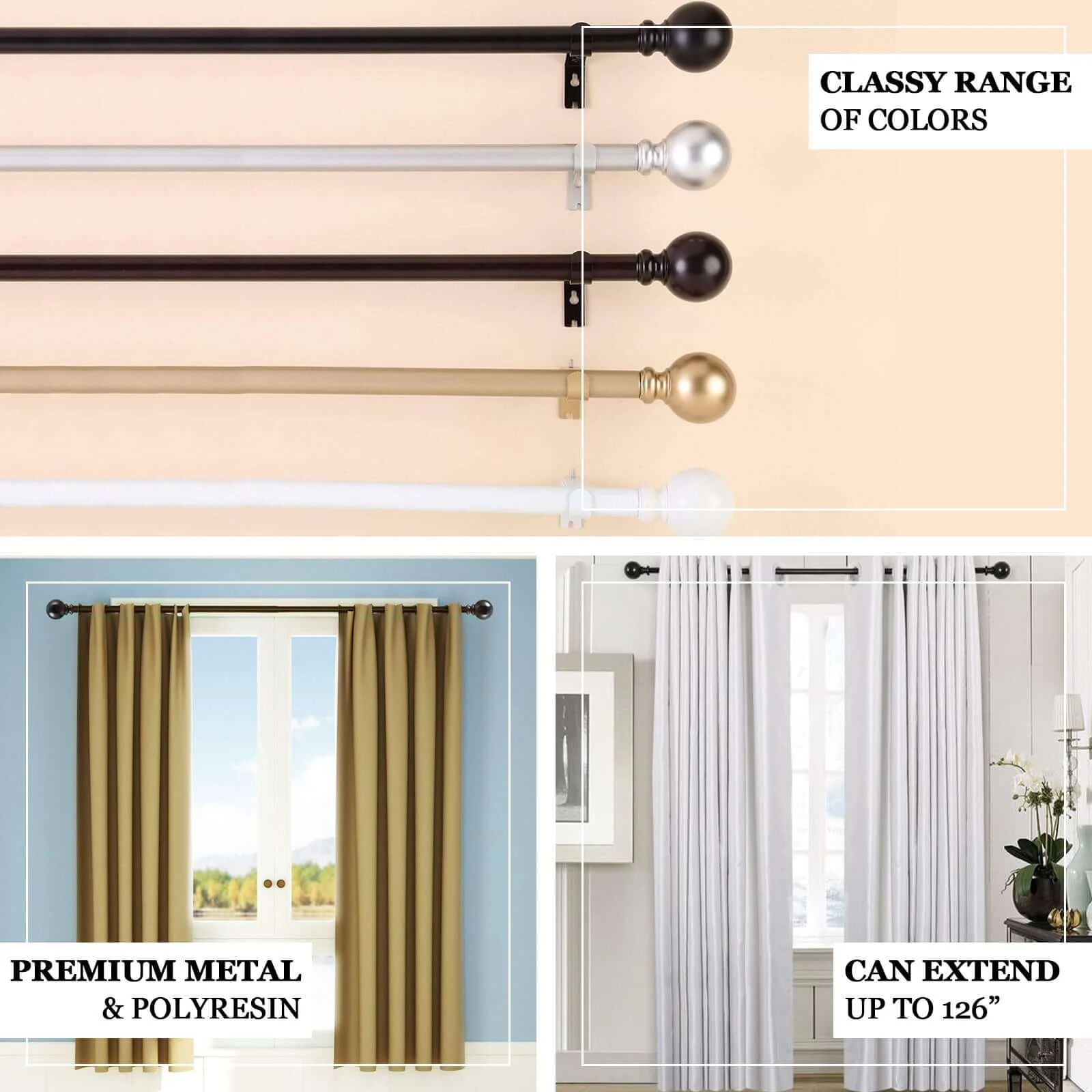 Adjustable Curtain Rod Set, Bronze, Round Finials 42"-126" - Image 4