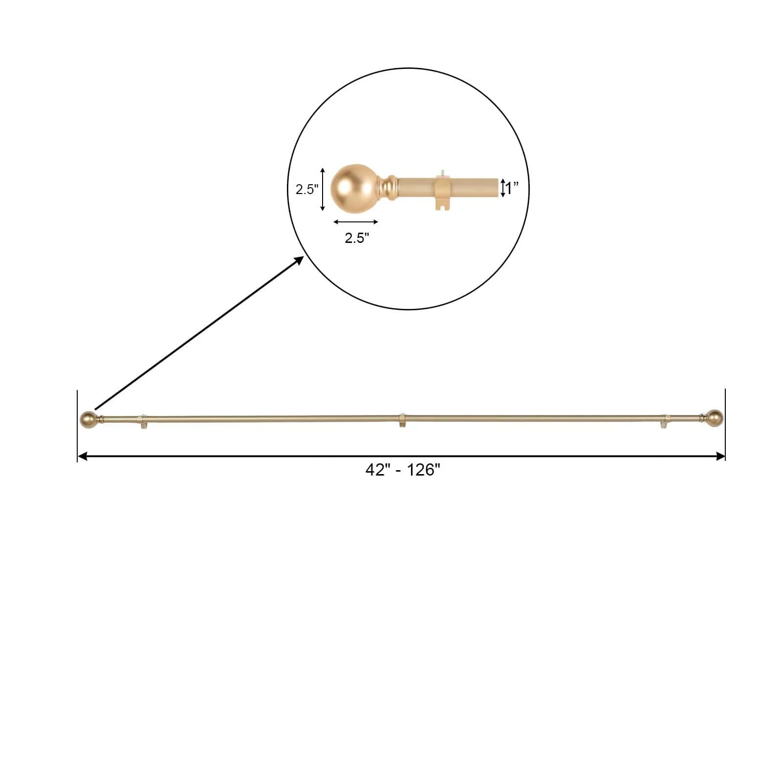 Adjustable Curtain Rod Set, Gold, Round Finials 42"-126" - Image 3
