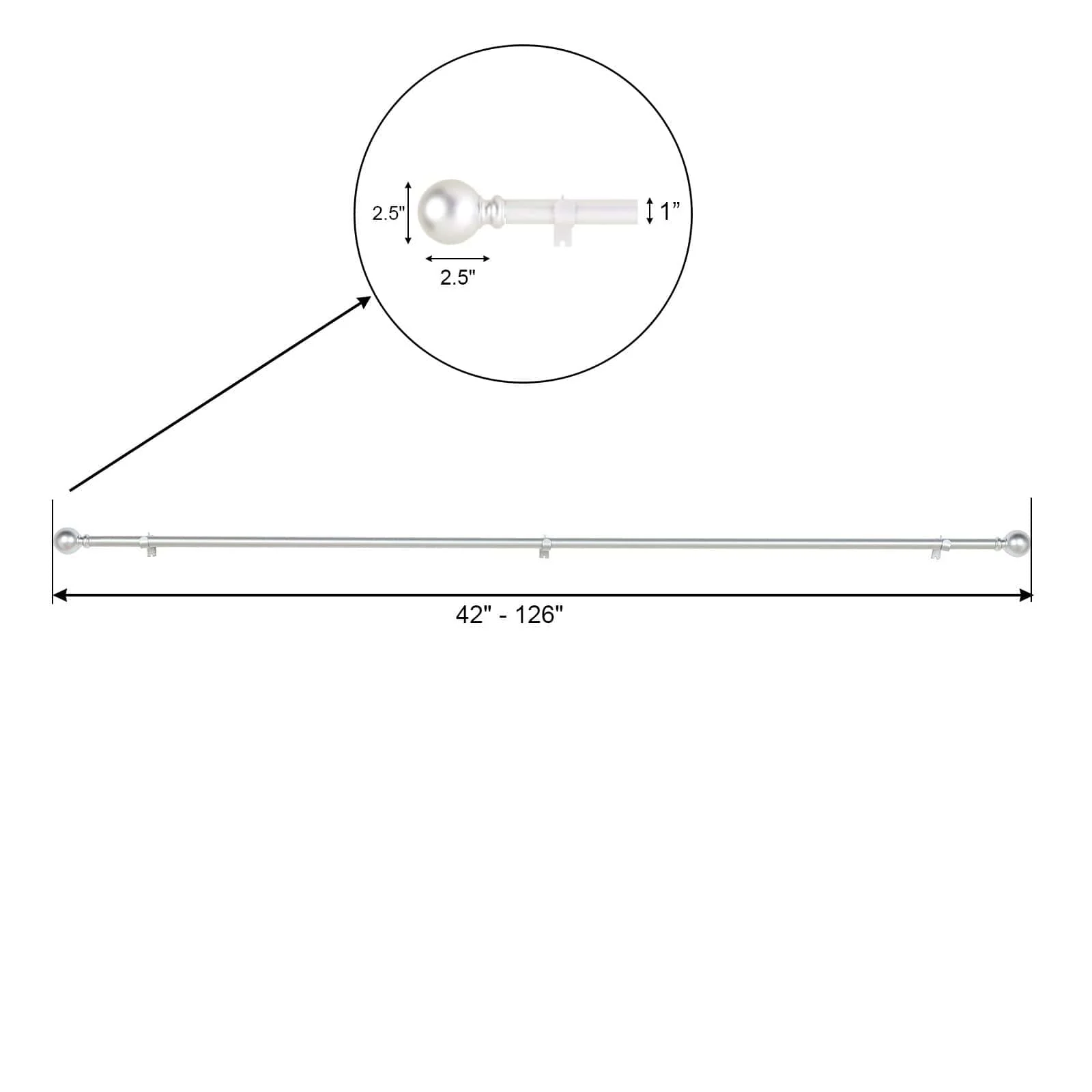 Adjustable Curtain Rod Set, Silver, Round Finials 42"-126" - Image 3