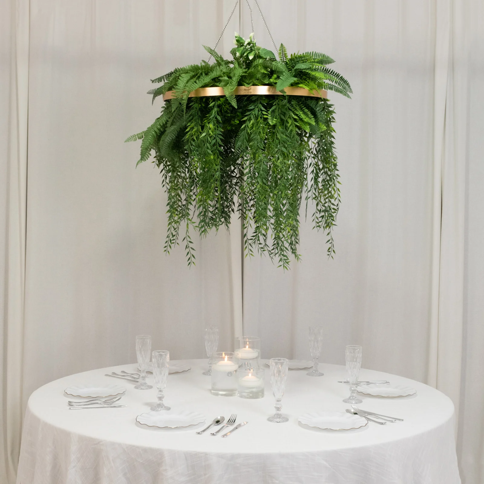 42" Long Hanging Faux Fern Greenery Chandelier with 24" Gold Hoop Ring – Lush Ceiling Decor for Weddings & Events - Image 2