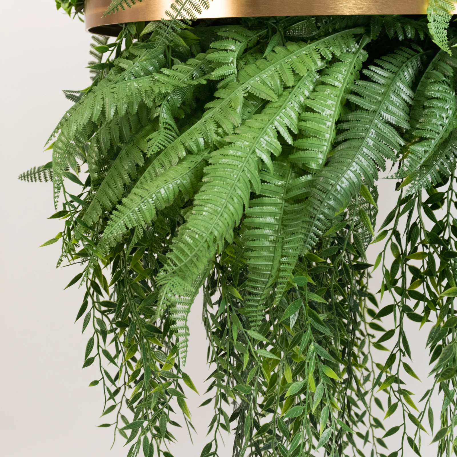 42" Long Hanging Faux Fern Greenery Chandelier with 24" Gold Hoop Ring – Lush Ceiling Decor for Weddings & Events - Image 6