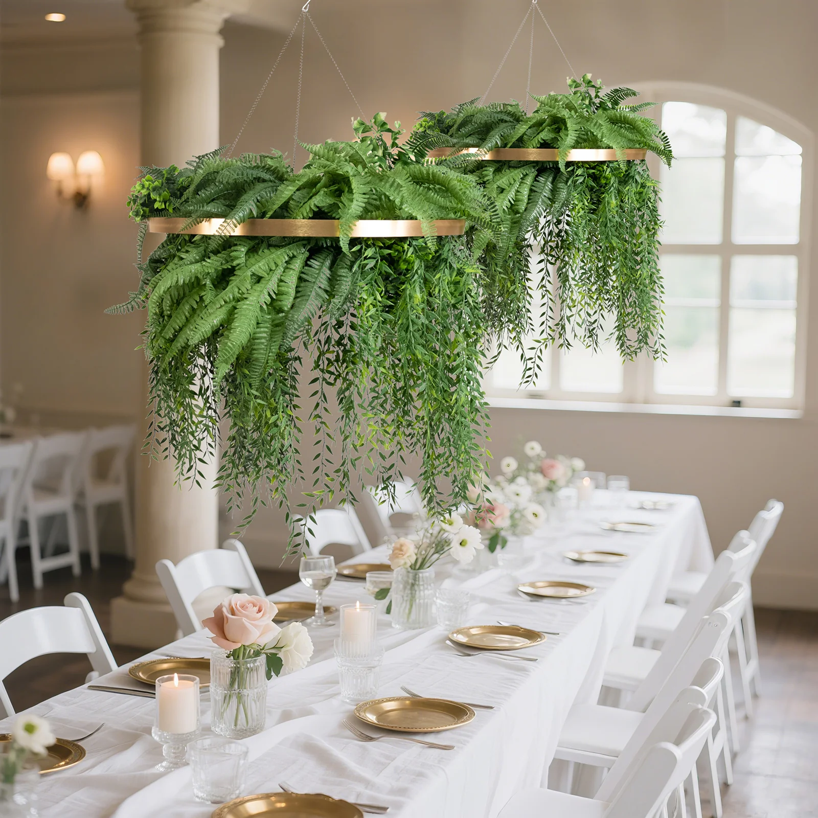 42" Long Hanging Faux Fern Greenery Chandelier with 24" Gold Hoop Ring – Lush Ceiling Decor for Weddings & Events - Image 8