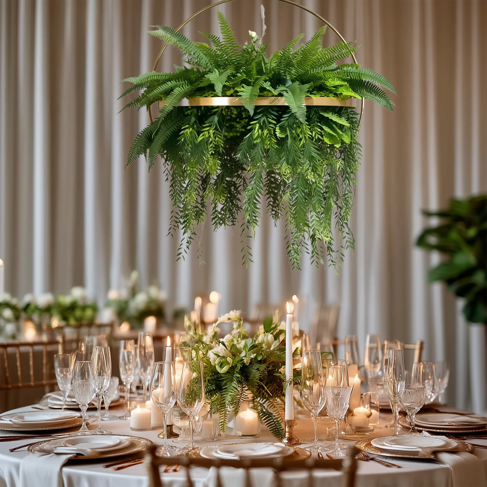 42" Long Hanging Faux Fern Greenery Chandelier with 24" Gold Hoop Ring – Lush Ceiling Decor for Weddings & Events - Image 9