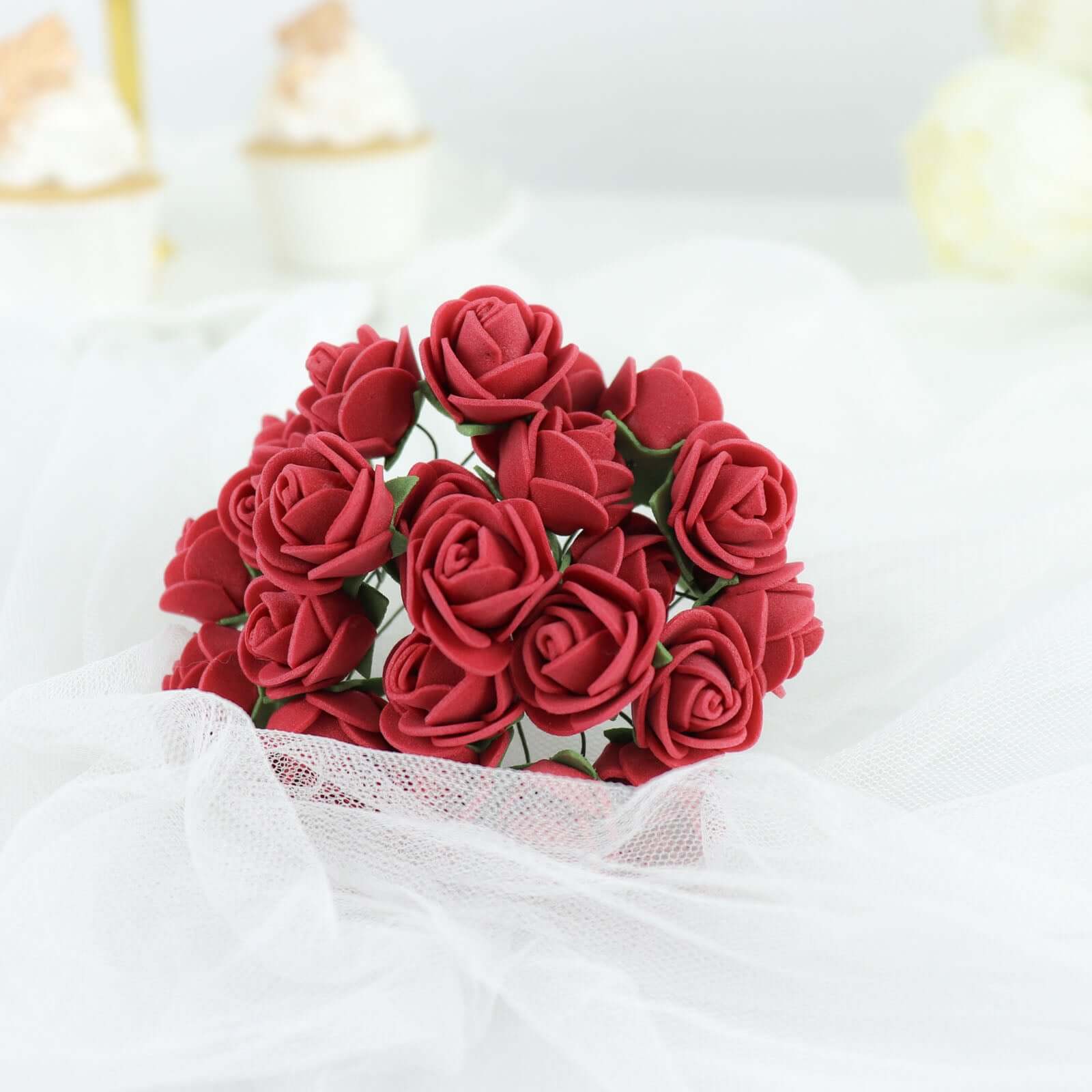 48 Roses Burgundy Real Touch Artificial DIY Foam Rose Flowers With Stem, Craft Rose Buds 1"