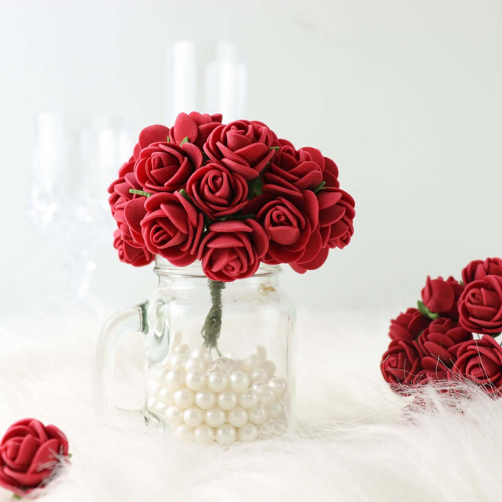 48 Roses Burgundy Real Touch Artificial DIY Foam Rose Flowers With Stem, Craft Rose Buds 1" - Image 16
