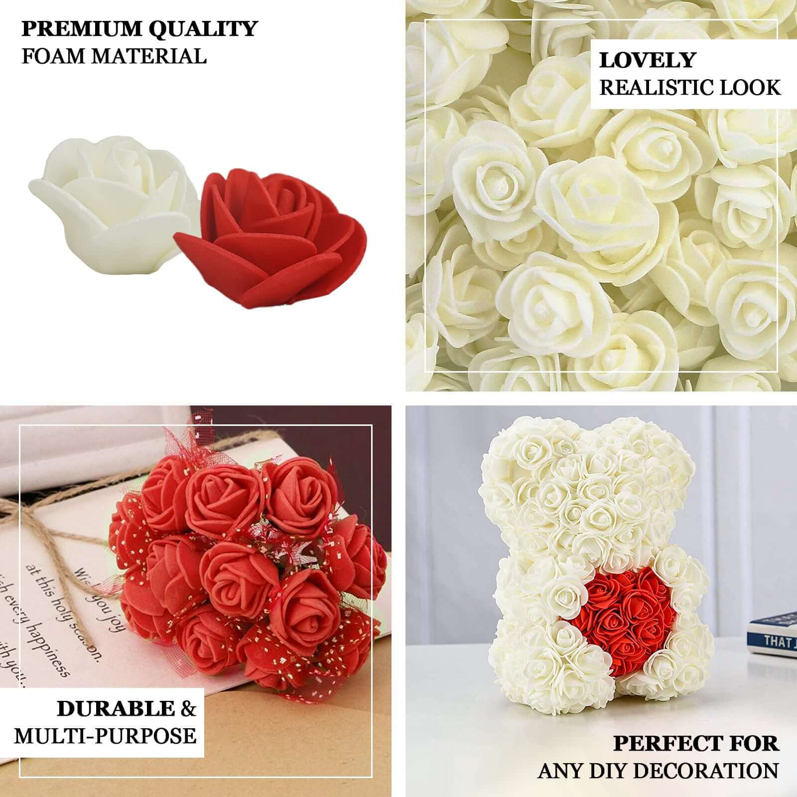 48 Roses White Real Touch Artificial DIY Foam Rose Flowers With Stem, Craft Rose Buds 1" - Image 4
