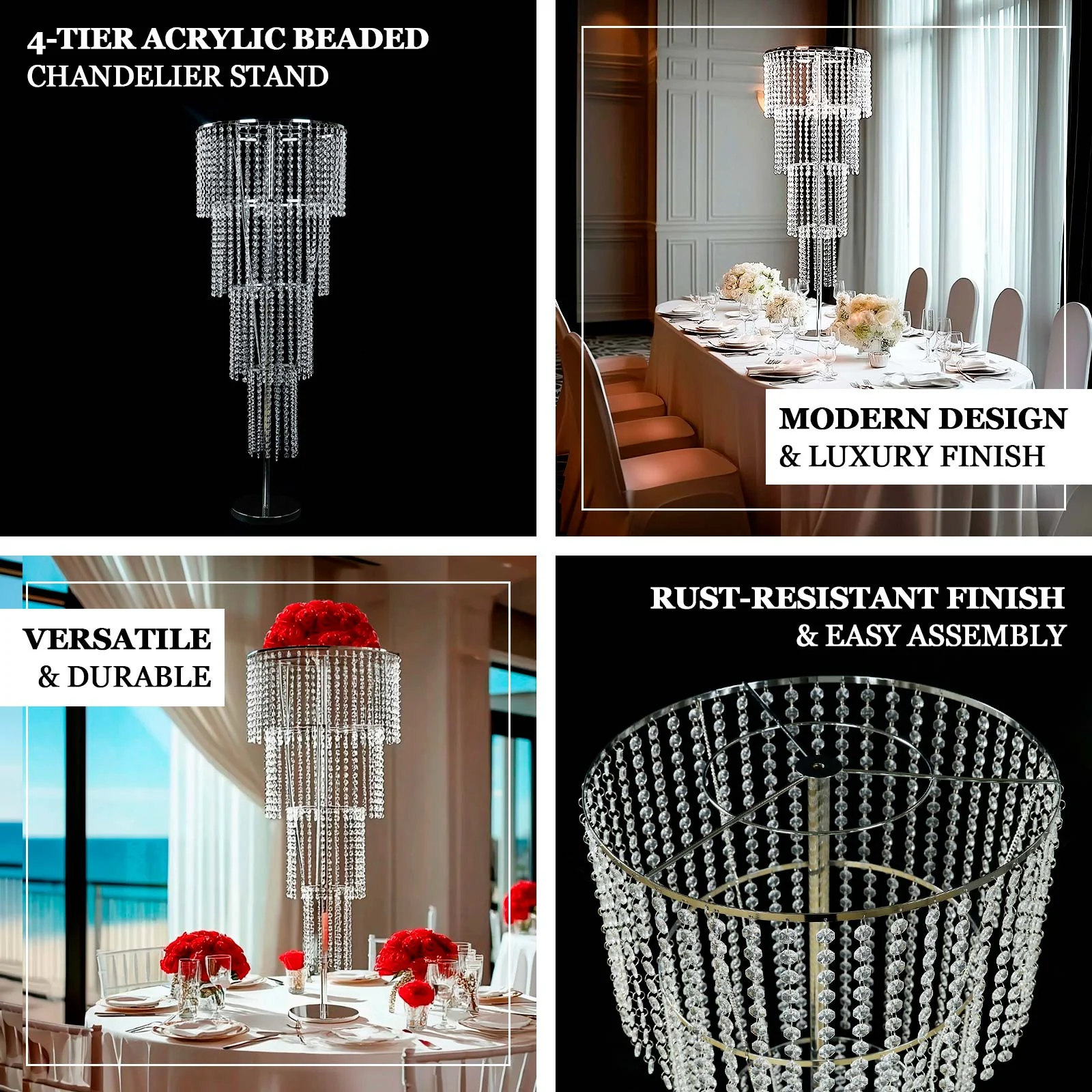 4-Tier Table Centerpiece Acrylic Beaded Chandelier – Round Metal Floral Stand for Wedding & Event Centerpieces, 4ft Tall - Image 4