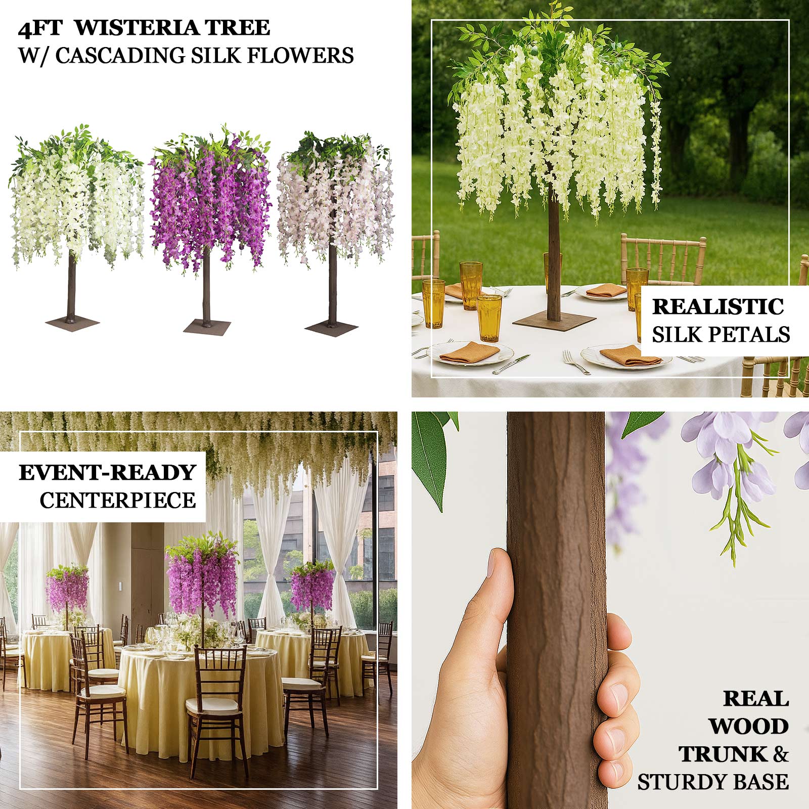 4ft Tall Cream Wisteria Tree with Cascading Silk Flowers – Faux Floral Display with Real Wood Trunk for Wedding & Event Decor - Image 4