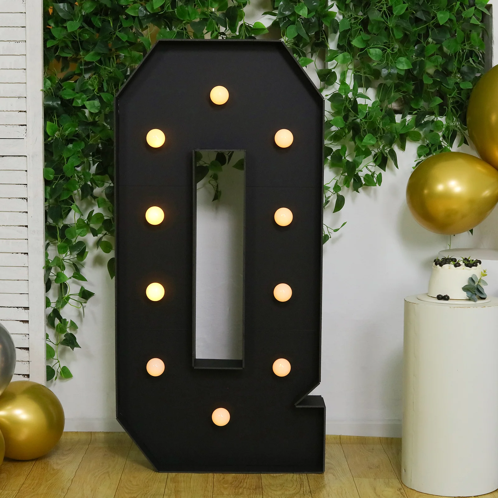 4ft Giant LED Marquee Letter "Q", Black Pre-Cut Foam Board with 10 Warm White Battery Operated LEDs, Glue Gun and Sticks