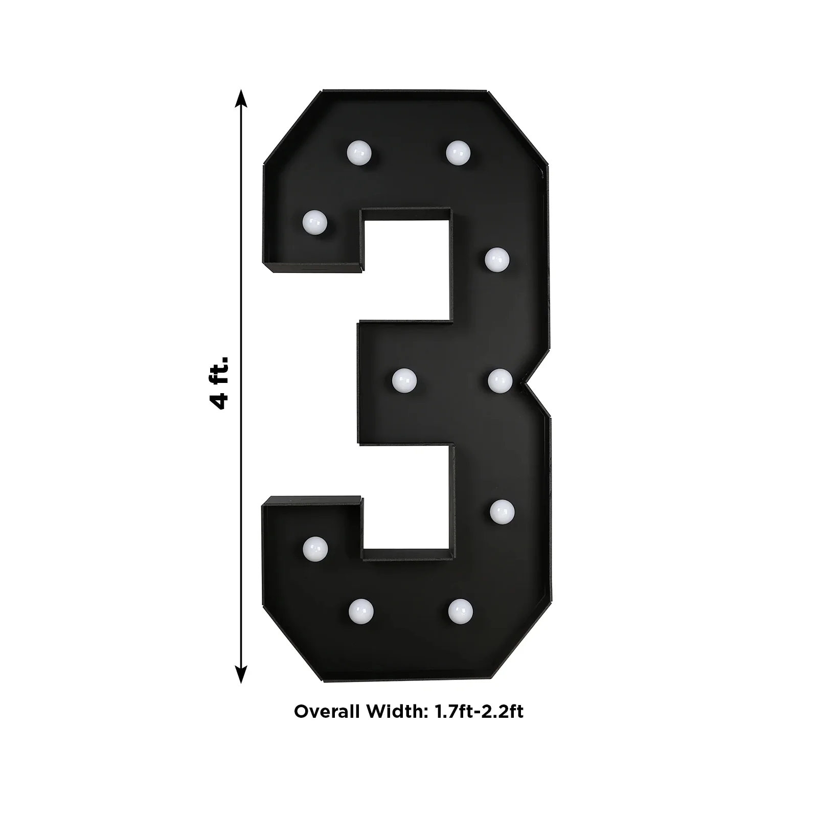 4ft Giant LED Marquee Number "3", Black Pre-Cut Foam Board with 10 Warm White Battery Operated LEDs, Glue Gun and Sticks - Image 3