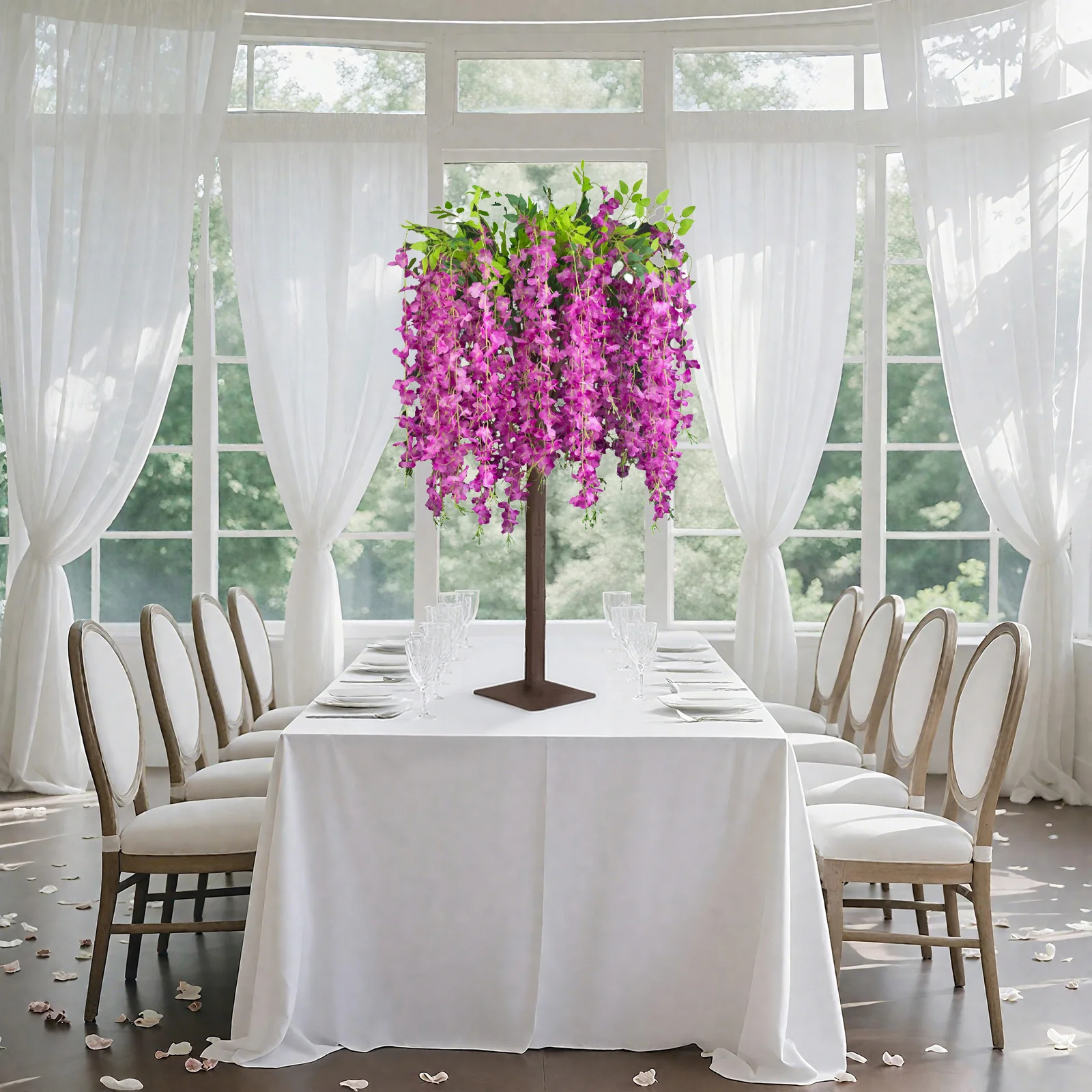 4ft Tall Lavender Lilac Wisteria Tree with Cascading Silk Flowers – Faux Floral Display with Real Wood Trunk for Wedding & Event Decor