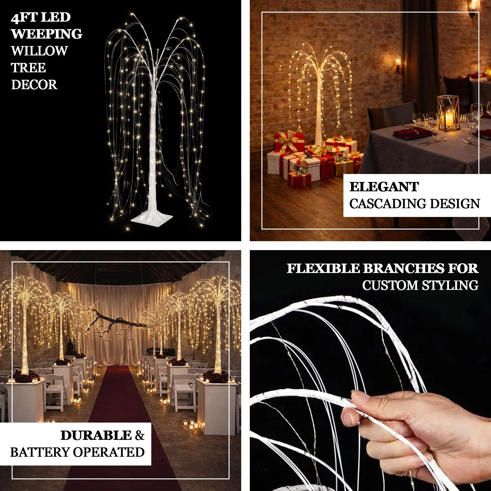 4ft LED Weeping Willow Tree Light, Battery Operated White Decorative Tree with 180 Warm White LEDs - Image 4