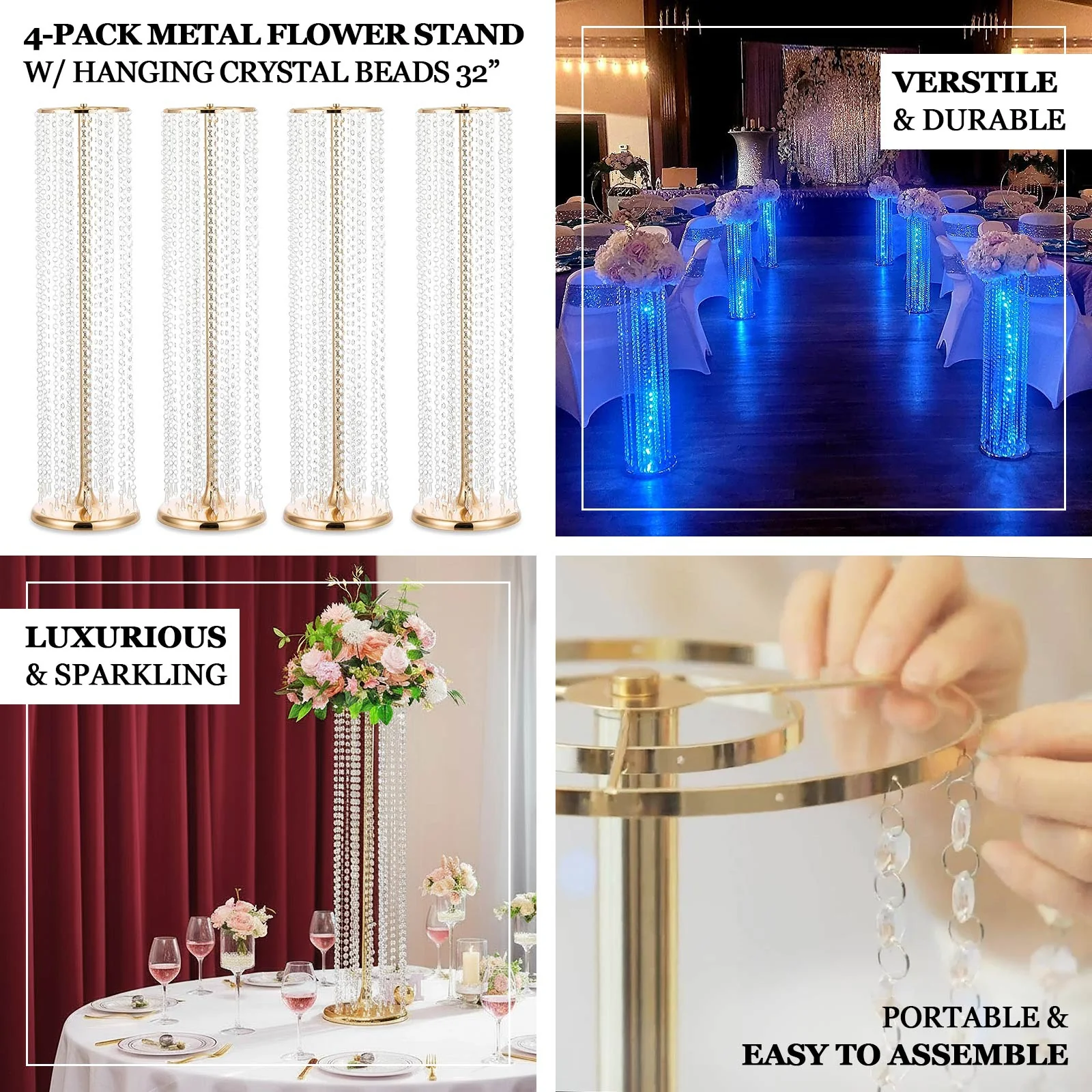 4-Pack Metal Flower Stand Vases in Gold with Hanging Crystal Beads – 32" Tall Decorative Column Centerpieces for Events and Table Décor - Image 5
