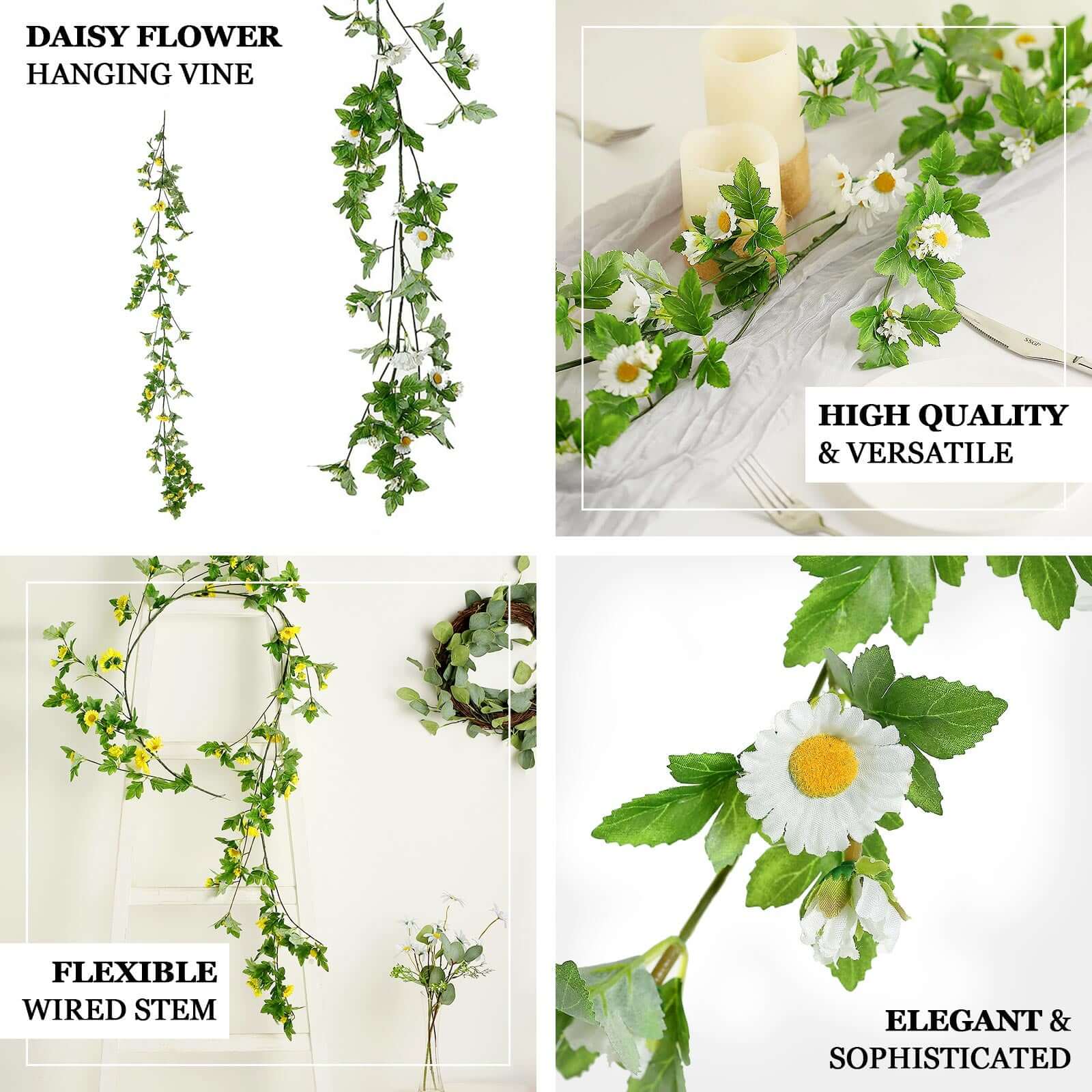 Yellow Artificial Daisy Magnolia Leaf Flower Garland Faux Vine 5.5ft - Image 4