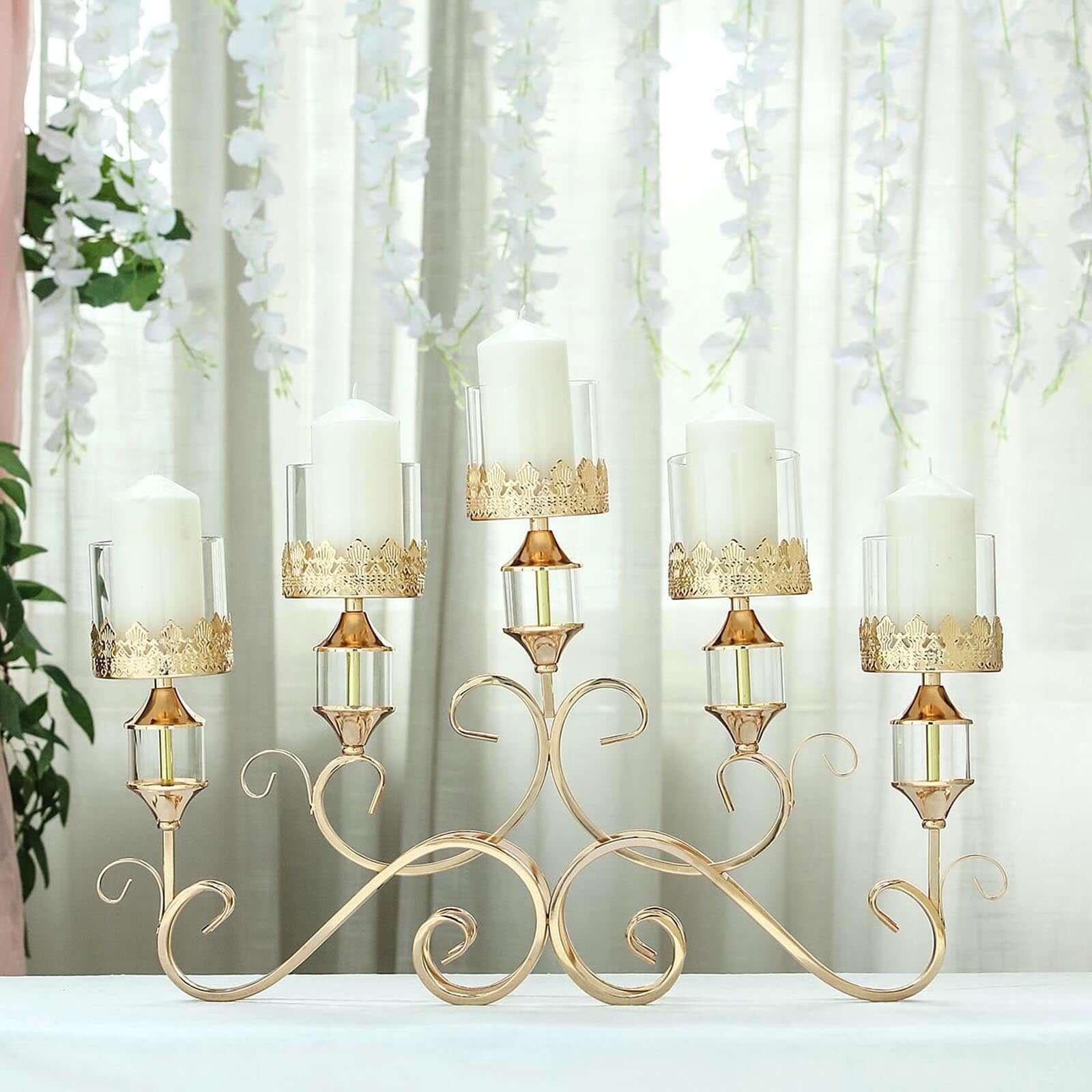 5-Arm Antique Gold Metal Candelabra Crown Top Design 18" - Horizontal Table Centerpiece with Hurricane Glass Votive Candle Holders