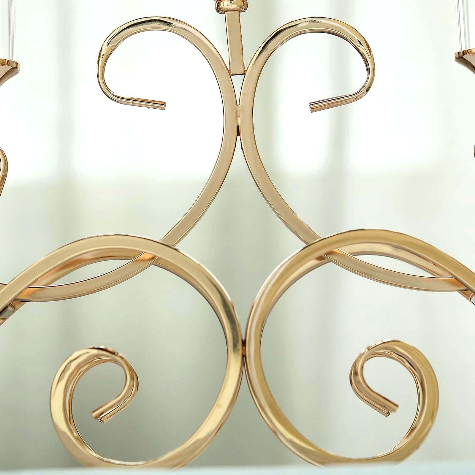 5-Arm Antique Gold Metal Candelabra Crown Top Design 18" - Horizontal Table Centerpiece with Hurricane Glass Votive Candle Holders - Image 11