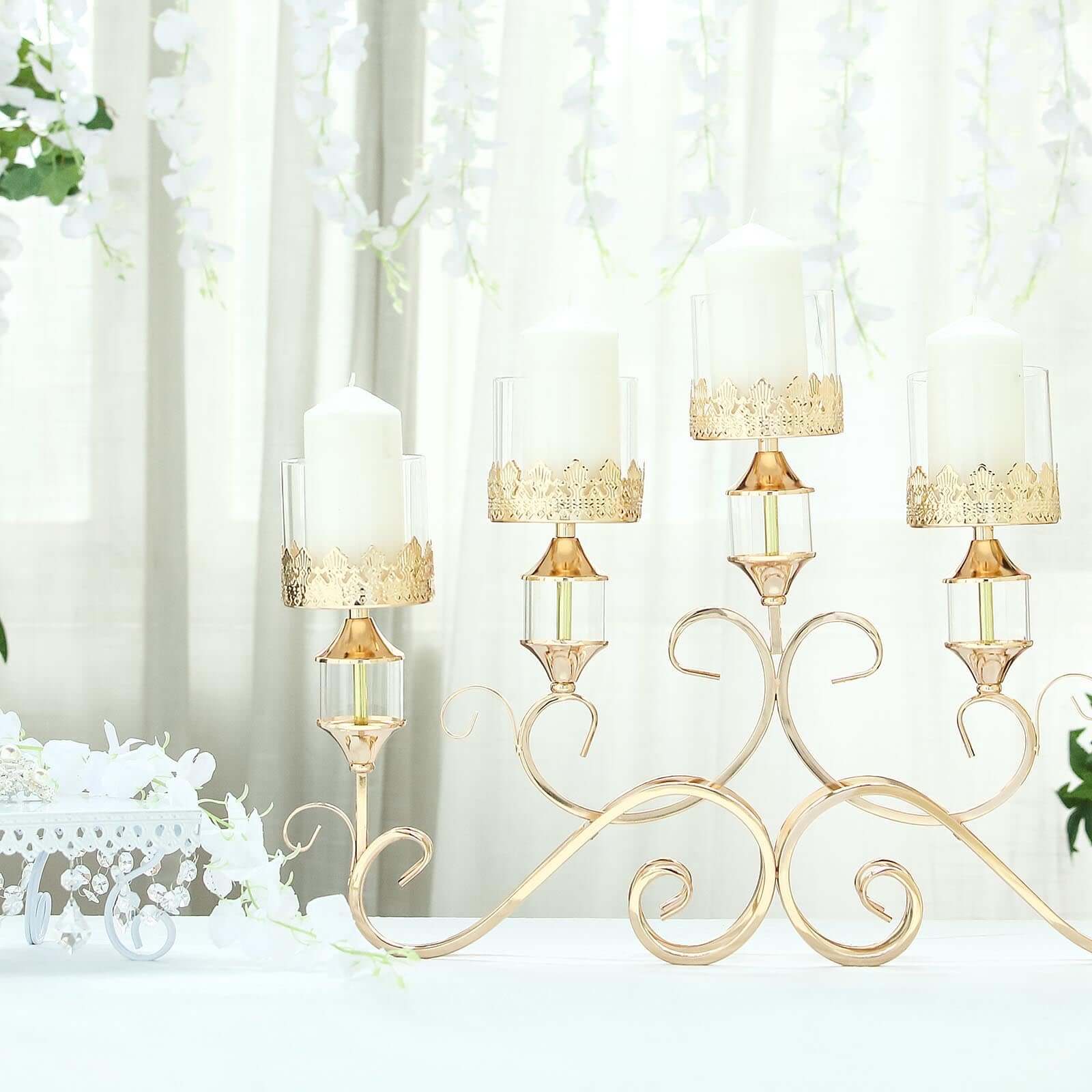 5-Arm Antique Gold Metal Candelabra Crown Top Design 18" - Horizontal Table Centerpiece with Hurricane Glass Votive Candle Holders - Image 12