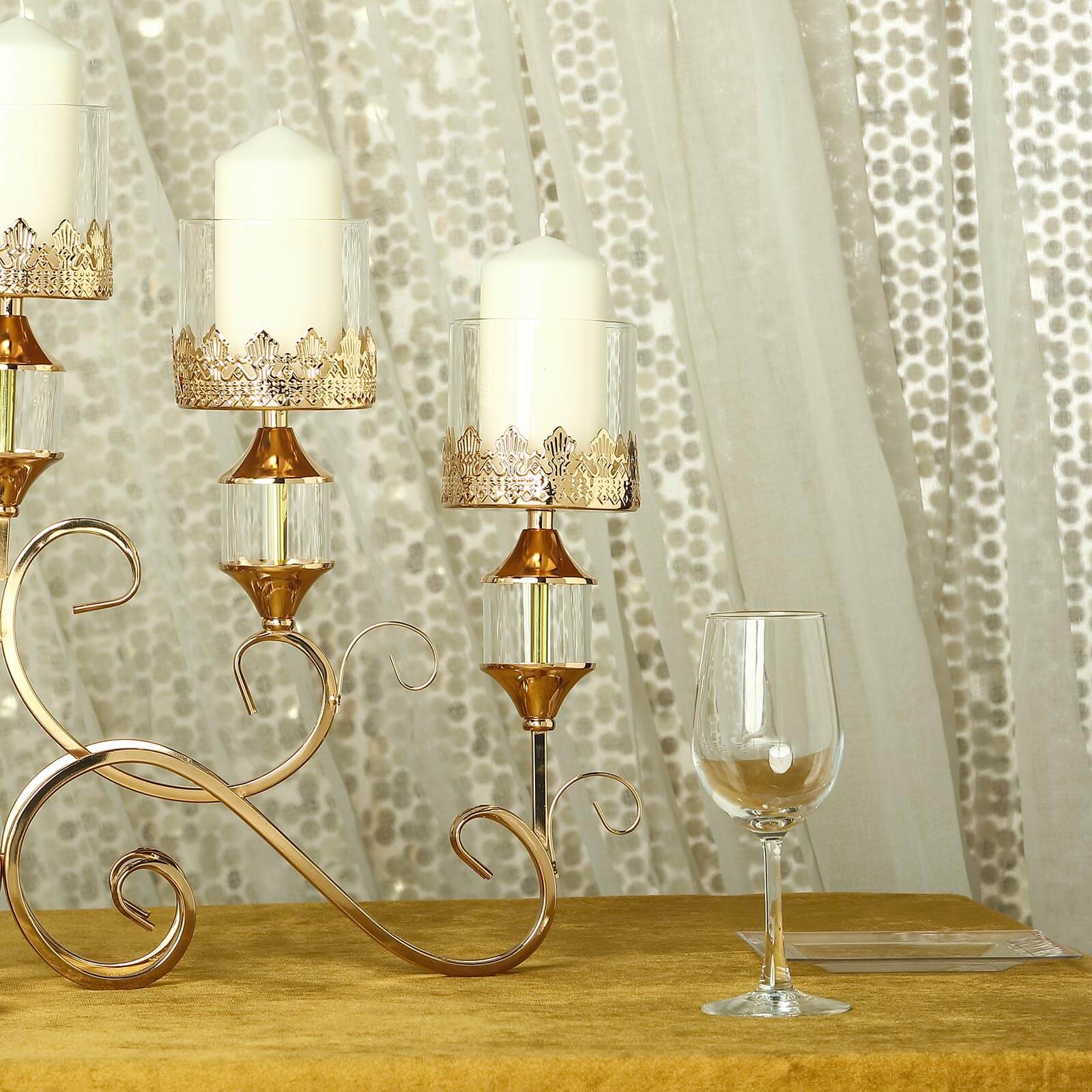 5-Arm Antique Gold Metal Candelabra Crown Top Design 18" - Horizontal Table Centerpiece with Hurricane Glass Votive Candle Holders - Image 13