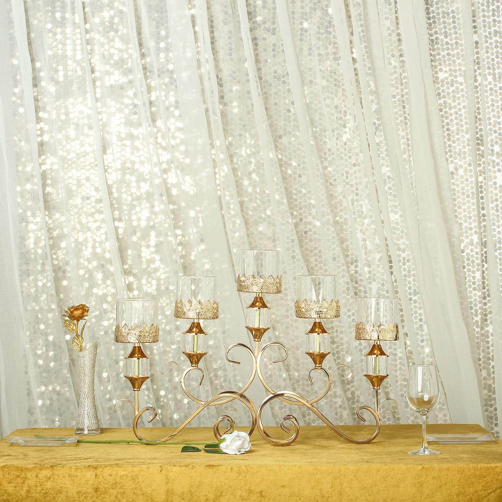 5-Arm Antique Gold Metal Candelabra Crown Top Design 18" - Horizontal Table Centerpiece with Hurricane Glass Votive Candle Holders - Image 14