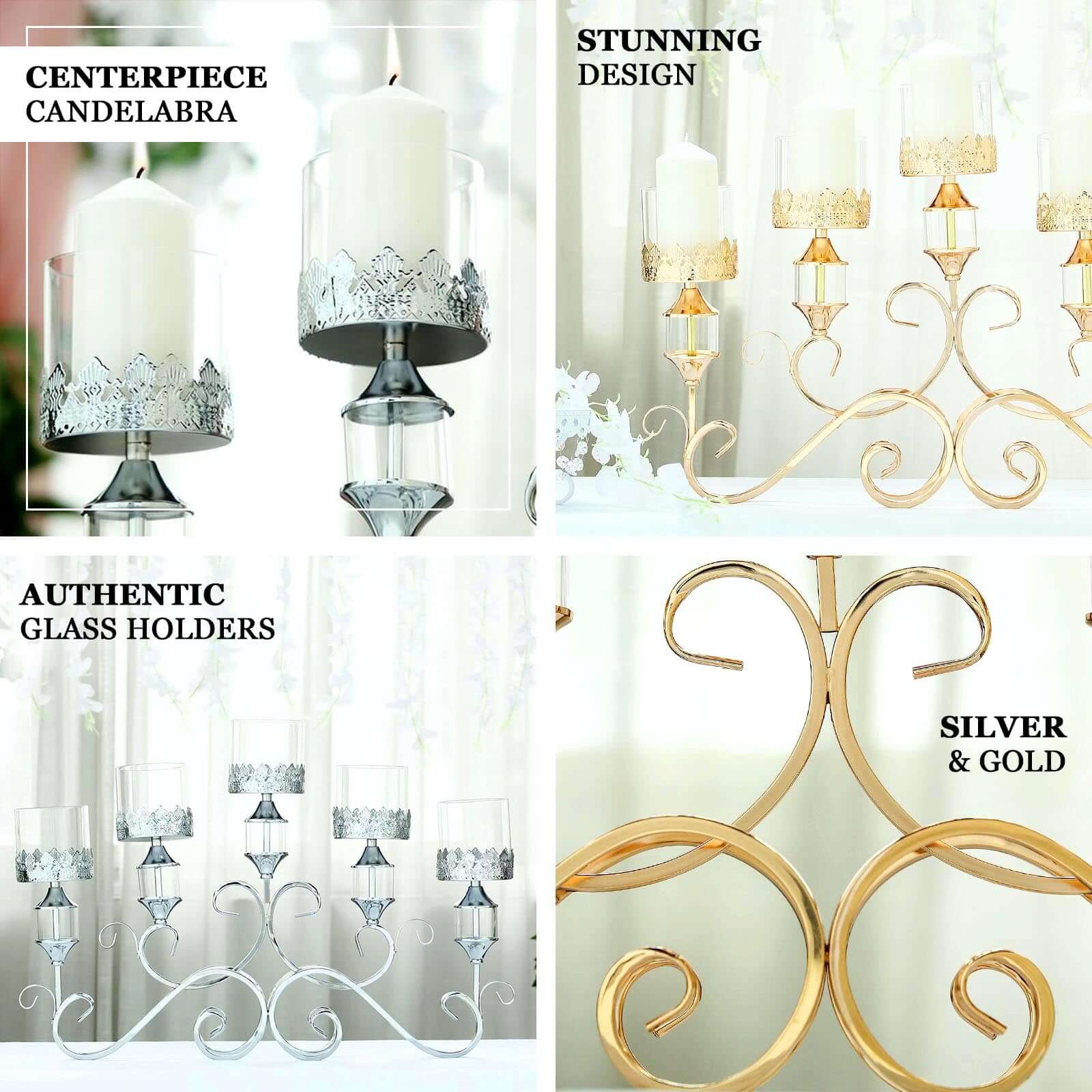 5-Arm Antique Gold Metal Candelabra Crown Top Design 18" - Horizontal Table Centerpiece with Hurricane Glass Votive Candle Holders - Image 4