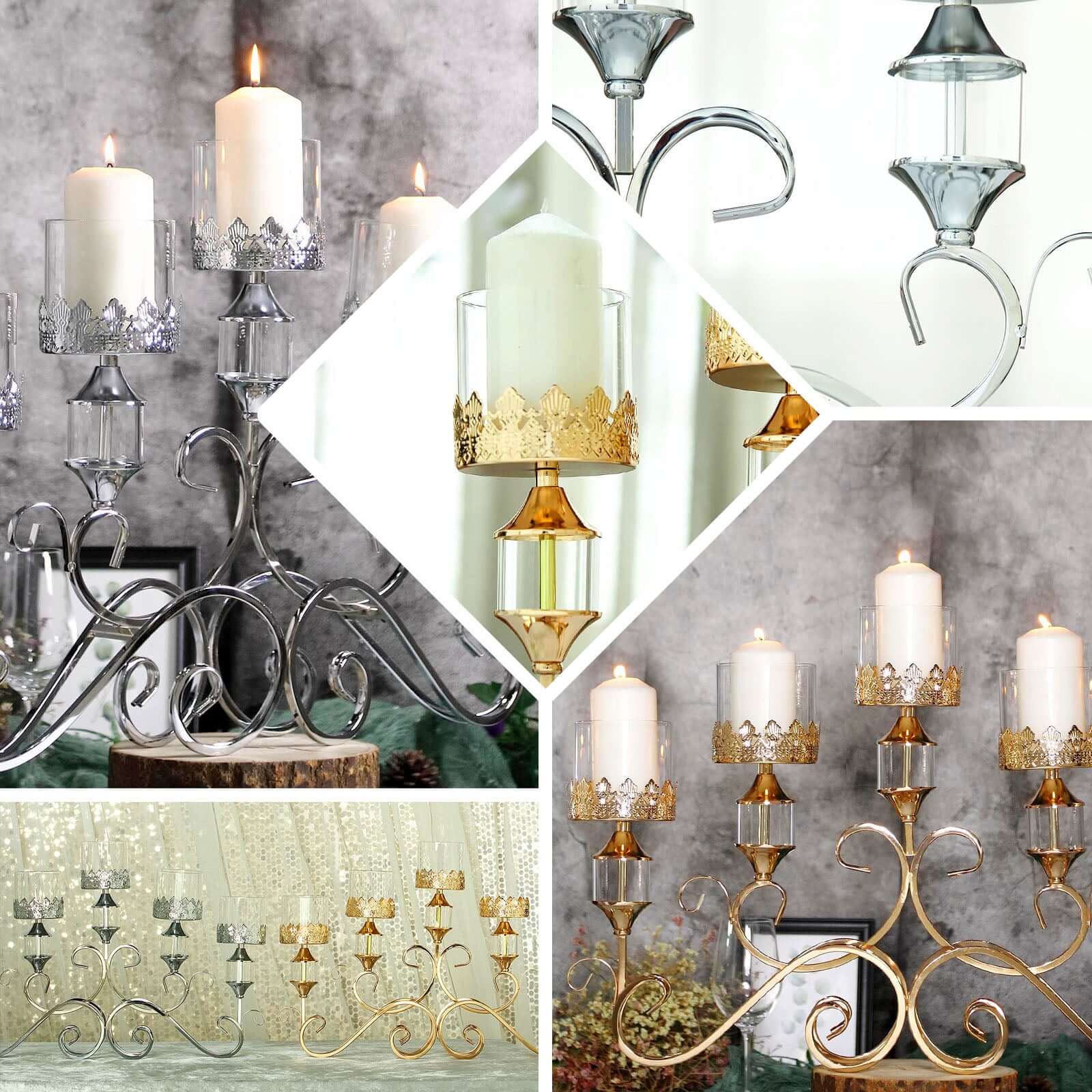 5-Arm Antique Gold Metal Candelabra Crown Top Design 18" - Horizontal Table Centerpiece with Hurricane Glass Votive Candle Holders - Image 5
