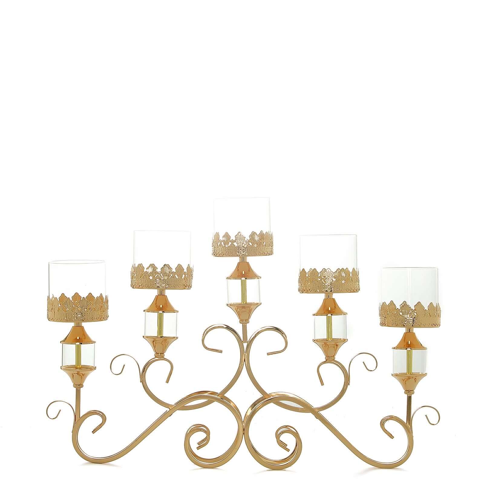 5-Arm Antique Gold Metal Candelabra Crown Top Design 18" - Horizontal Table Centerpiece with Hurricane Glass Votive Candle Holders - Image 7