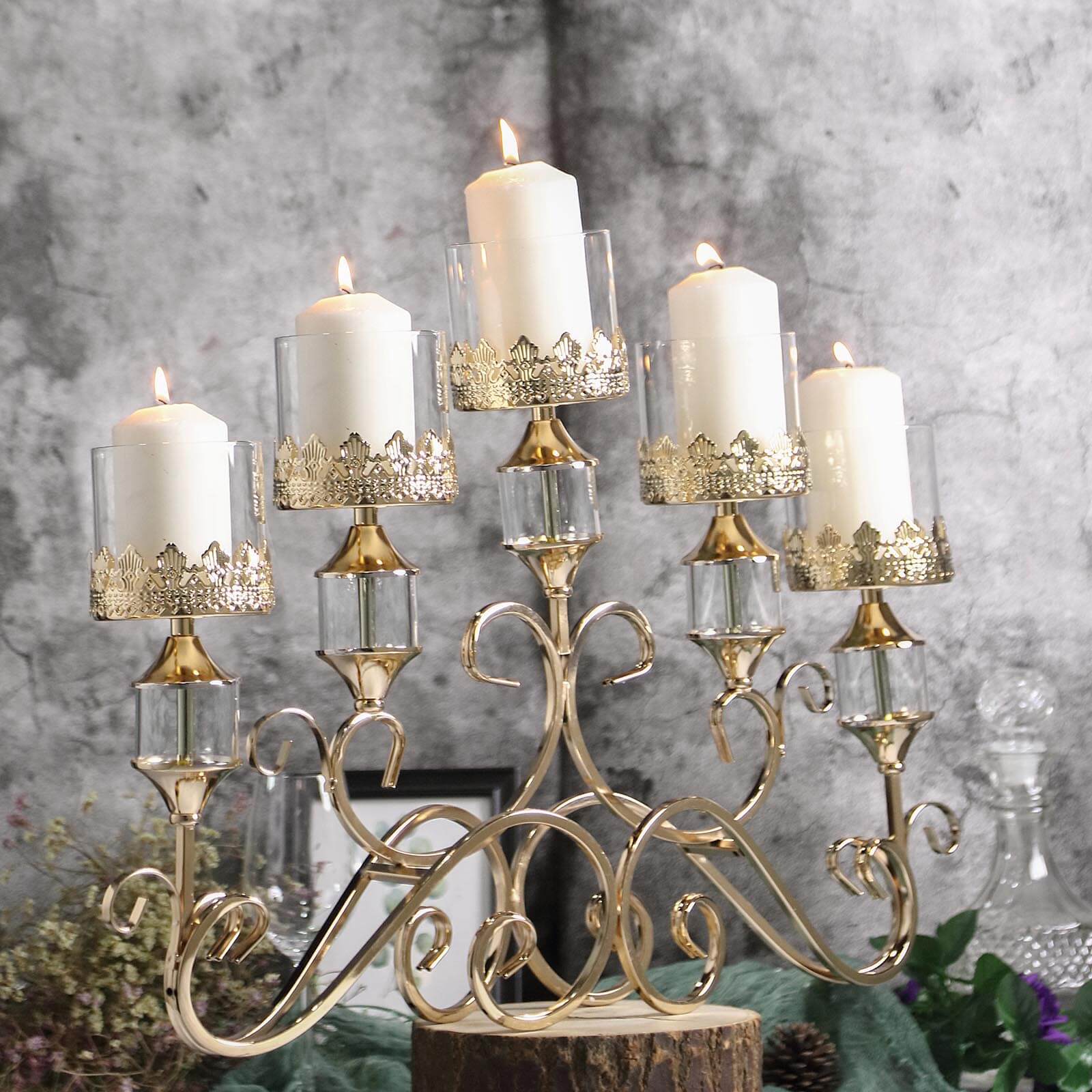 5-Arm Antique Gold Metal Candelabra Crown Top Design 18" - Horizontal Table Centerpiece with Hurricane Glass Votive Candle Holders - Image 8