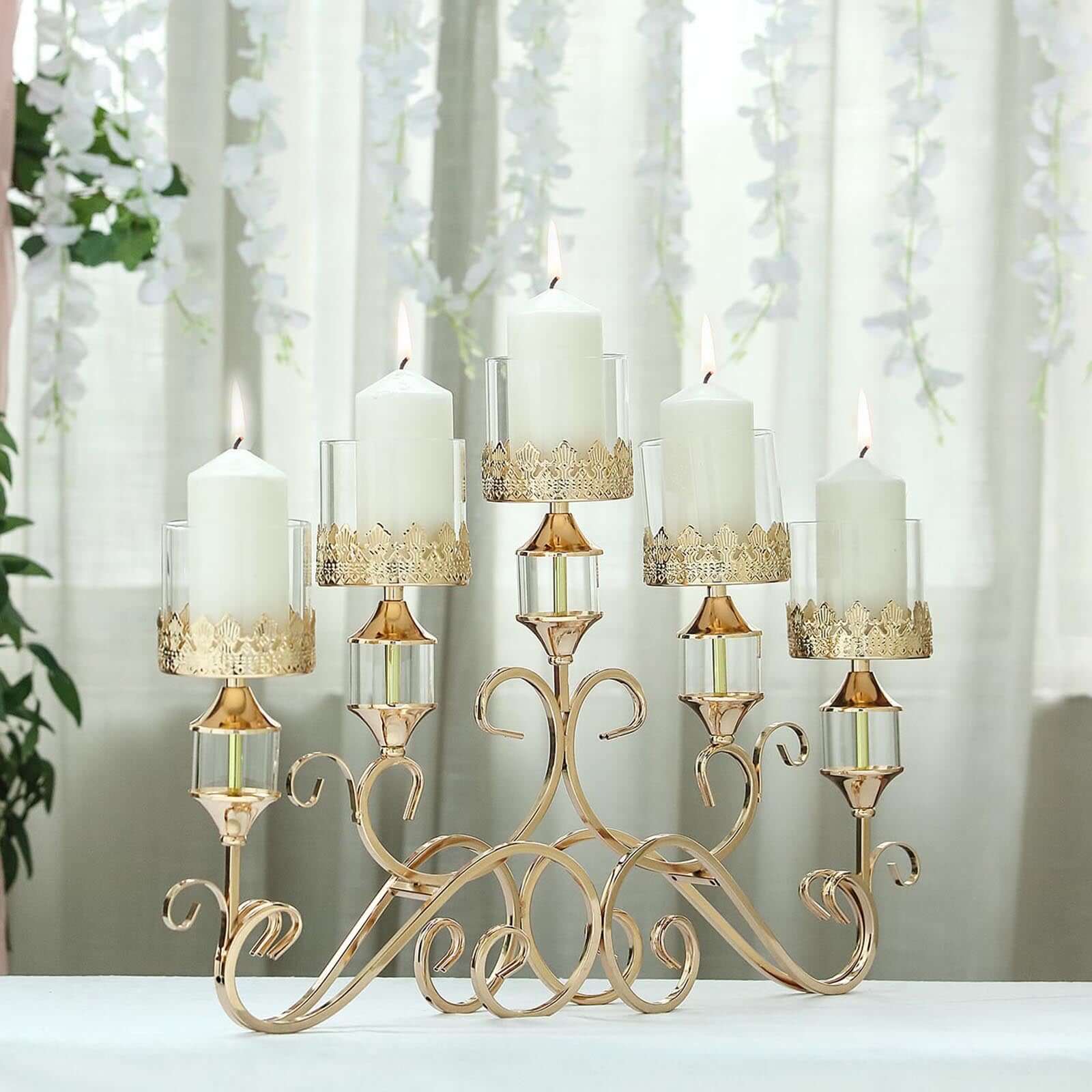 5-Arm Antique Gold Metal Candelabra Crown Top Design 18" - Horizontal Table Centerpiece with Hurricane Glass Votive Candle Holders - Image 9