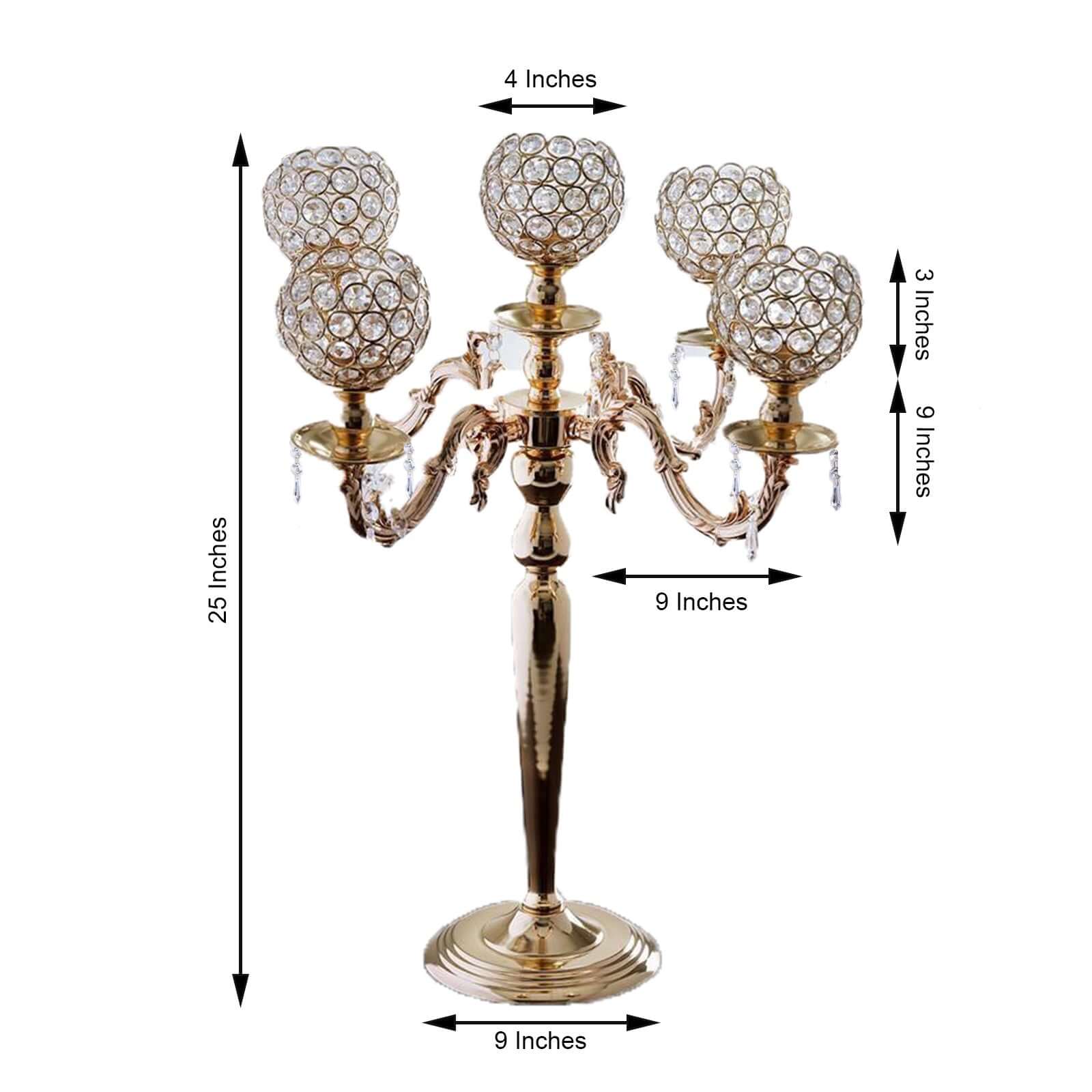 5-Arm Crystal Beaded Globe Candelabra 25" Gold - Metal Candle Holder for Stylish Pillar Table Centerpiece Decor - Image 3