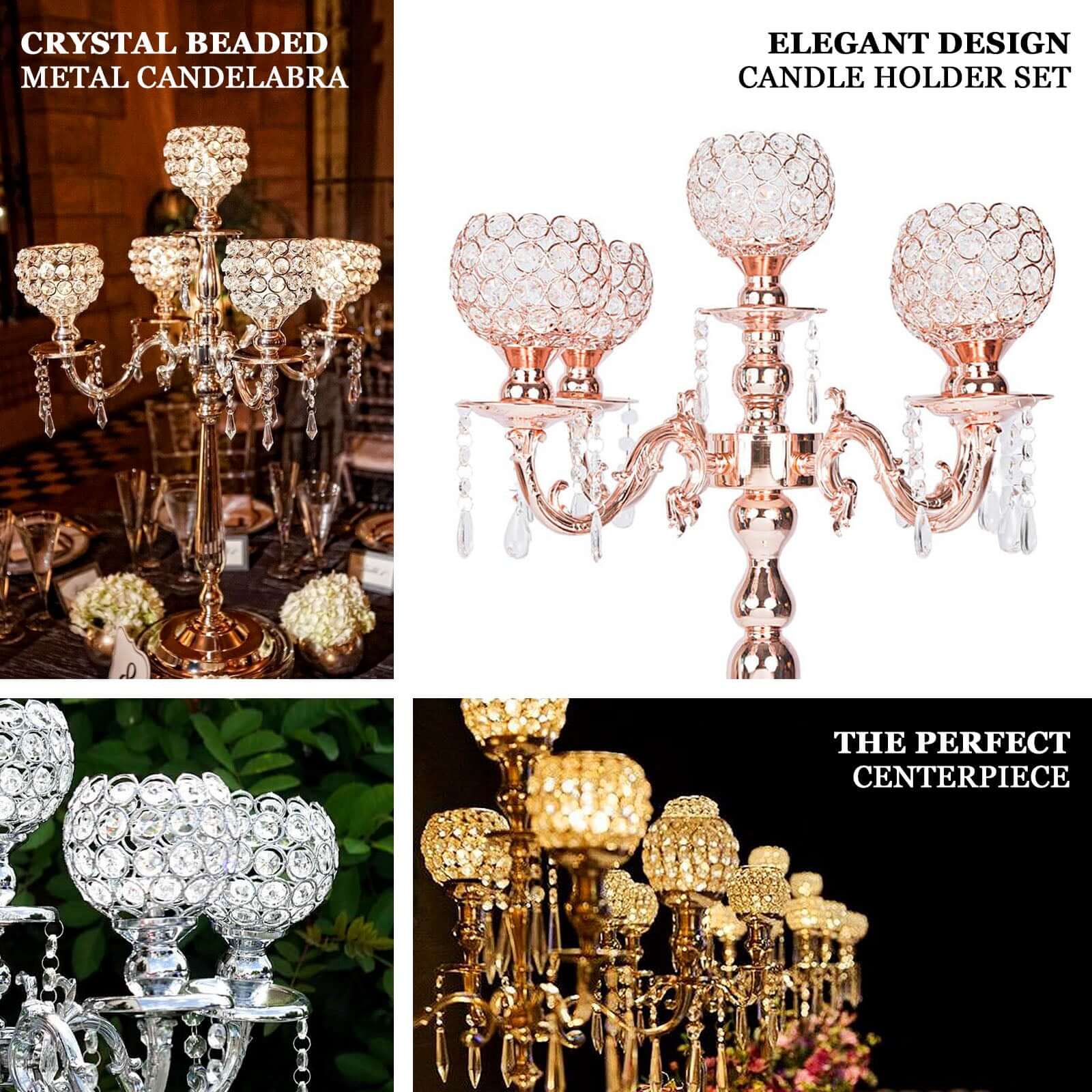 5-Arm Crystal Beaded Globe Candelabra 25" Gold - Metal Candle Holder for Stylish Pillar Table Centerpiece Decor - Image 4