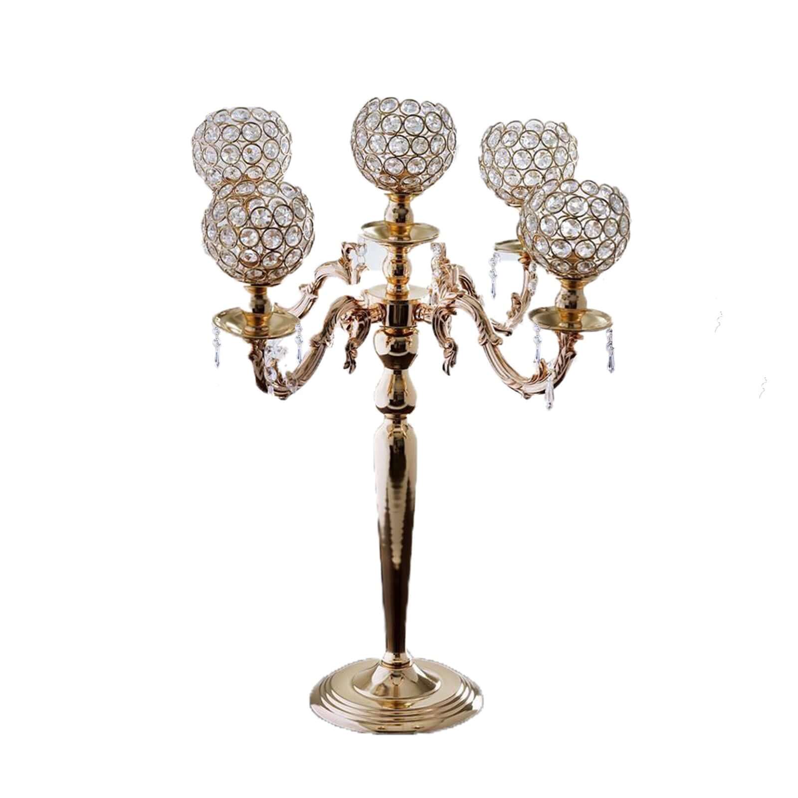 5-Arm Crystal Beaded Globe Candelabra 25" Gold - Metal Candle Holder for Stylish Pillar Table Centerpiece Decor - Image 6