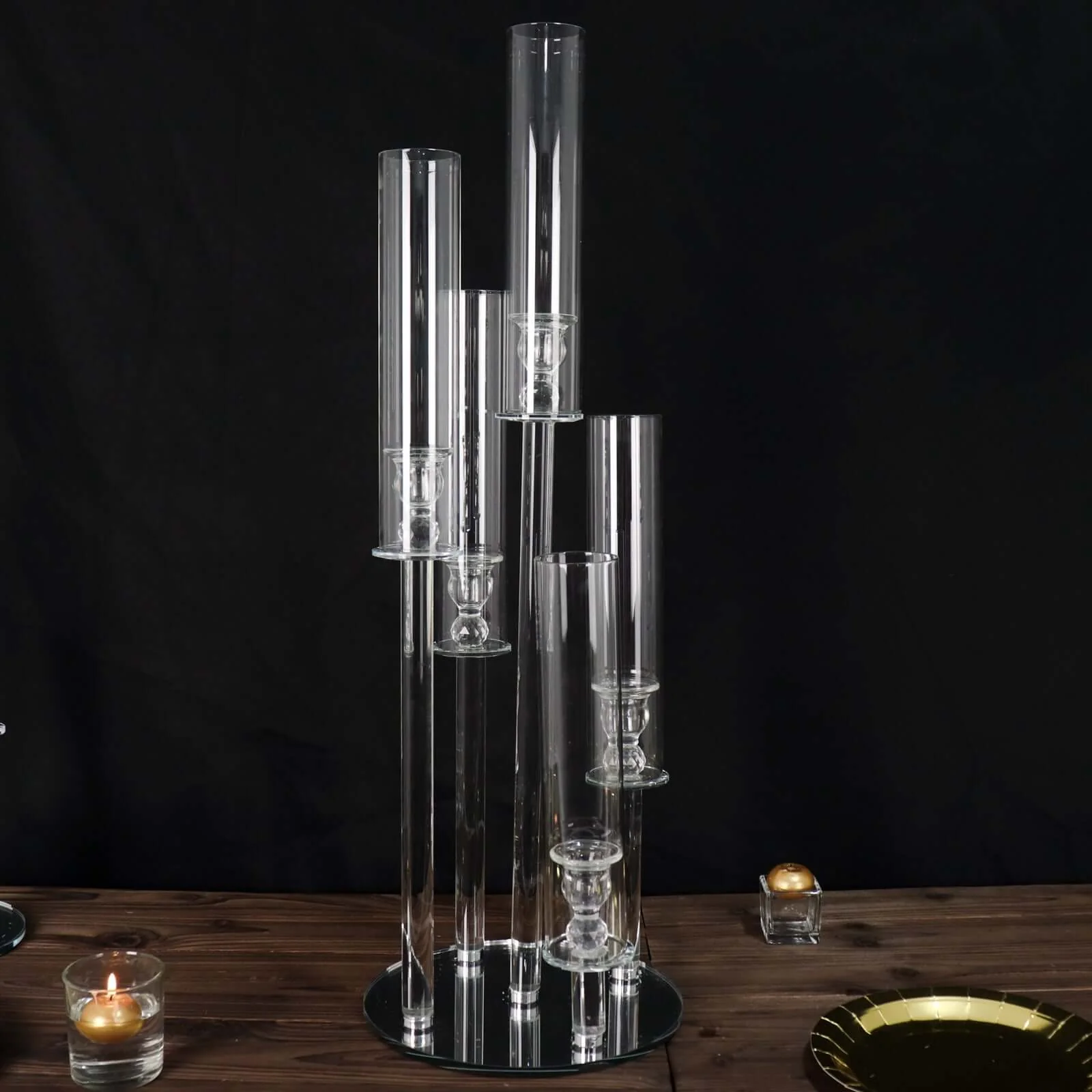 5-Arm Crystal Glass Candelabra Round Taper Design 32" Clear - Stylish Candle Holder Table Centerpiece - Image 2